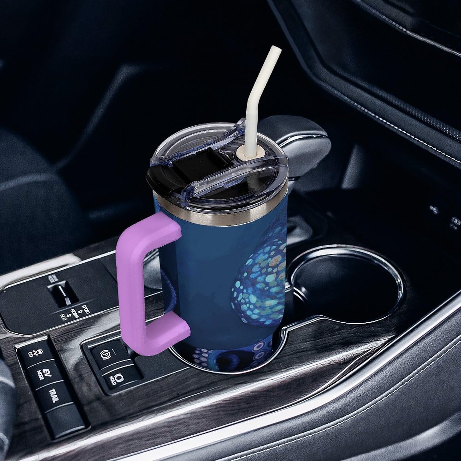 Autobecher aus 304 Edelstahl, 1,2 l, blauer Oktopus-Becher mit Strohhalm und auslaufsicherem Deckel, großes Fassungsvermögen, vakuumisolierter Reisebecher für Auto-Becherhalter