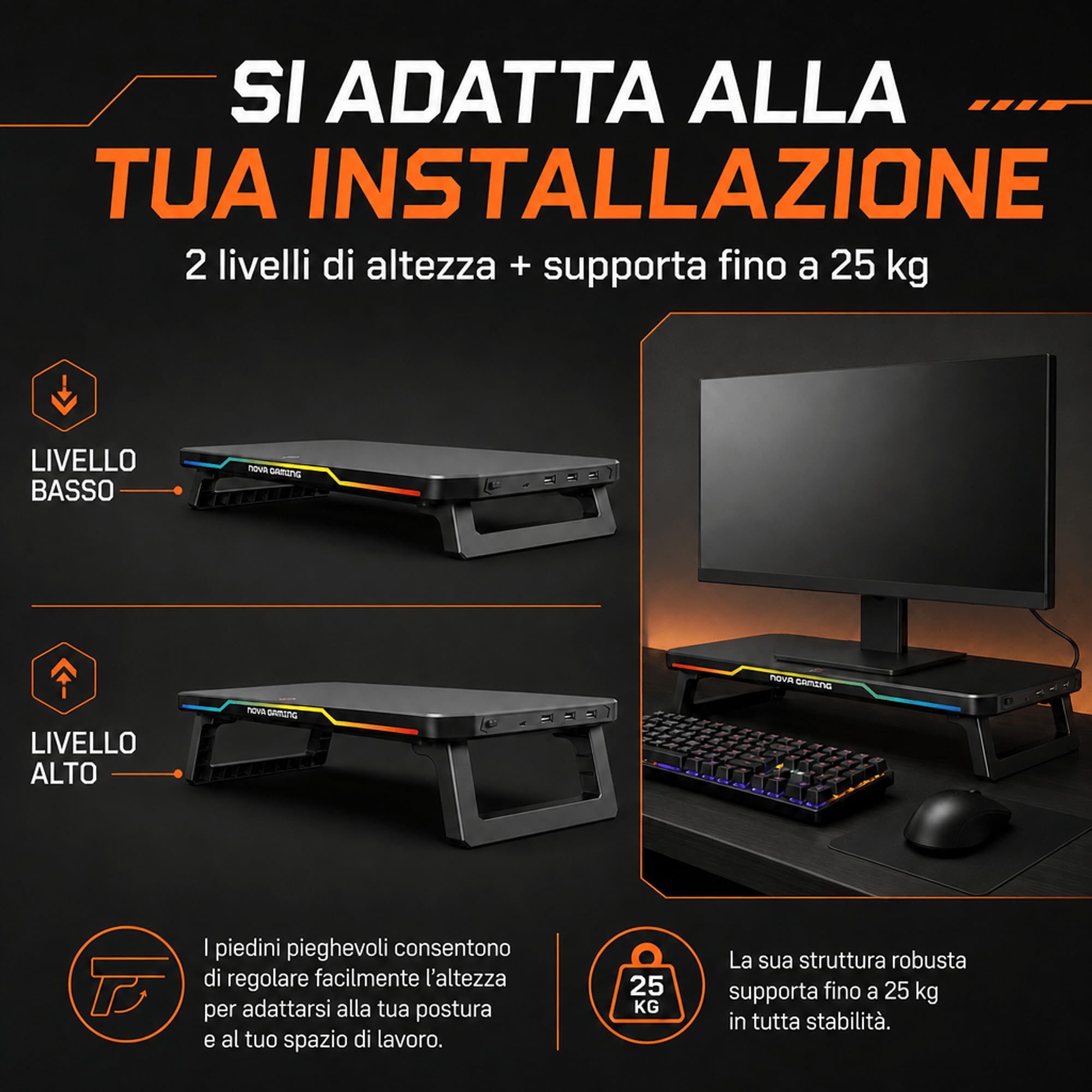 Nova Gaming – CELESTIUM – Rehausseur di Schermo RGB con Hub – Supporta Fino a 25kg – 3 Porte USB, 2 Porte USB-C – LED RGB Personalizzabile – Gaming, Ufficio, Ergonomia Avanzata