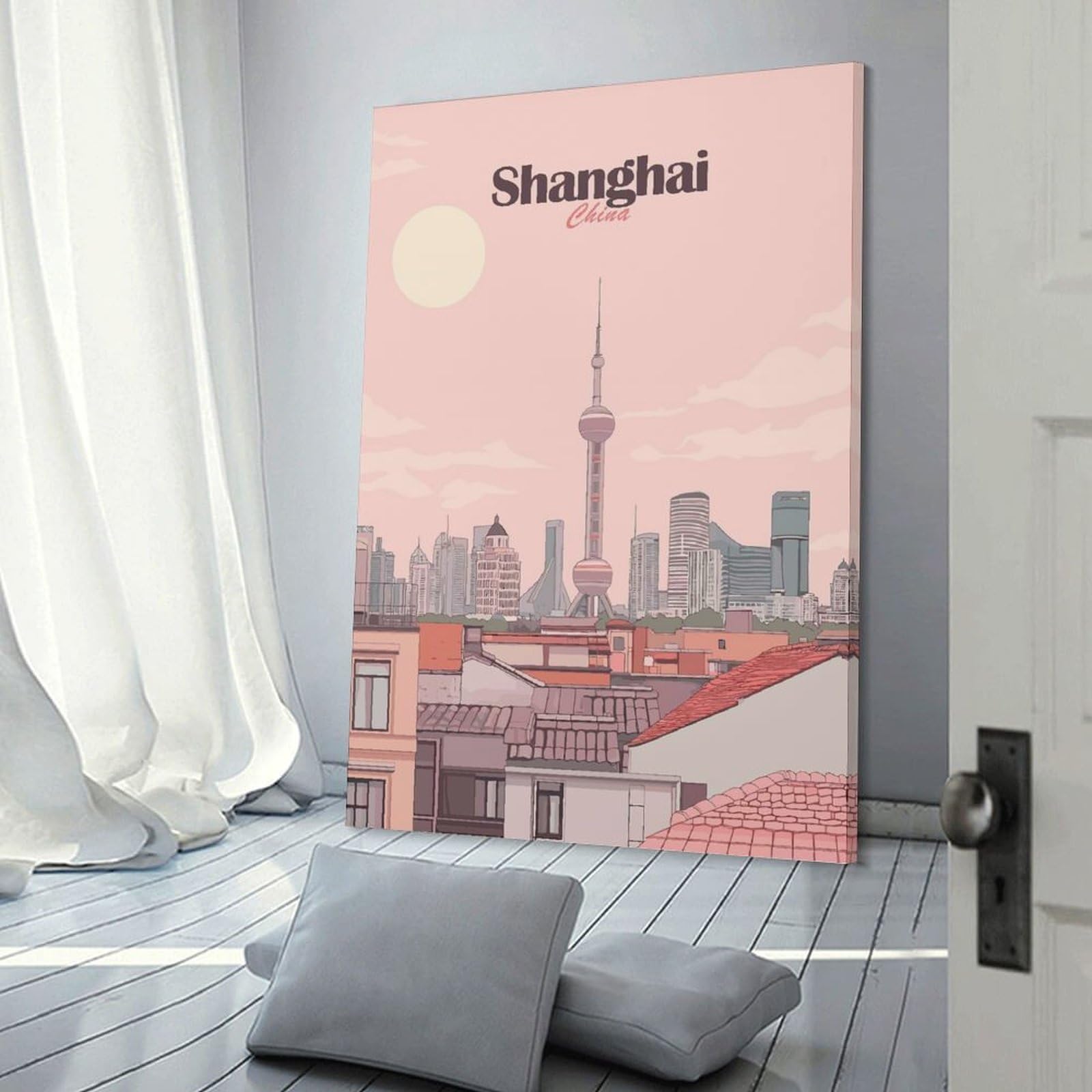 Junmoney Home Decor Wall Art Shanghai China Cityscape Illustration(2), 24x36inch(60x90cm), for Hallway, Bedroom Or Modern Interiors, Gift Idea for Housewarming And Birthdays