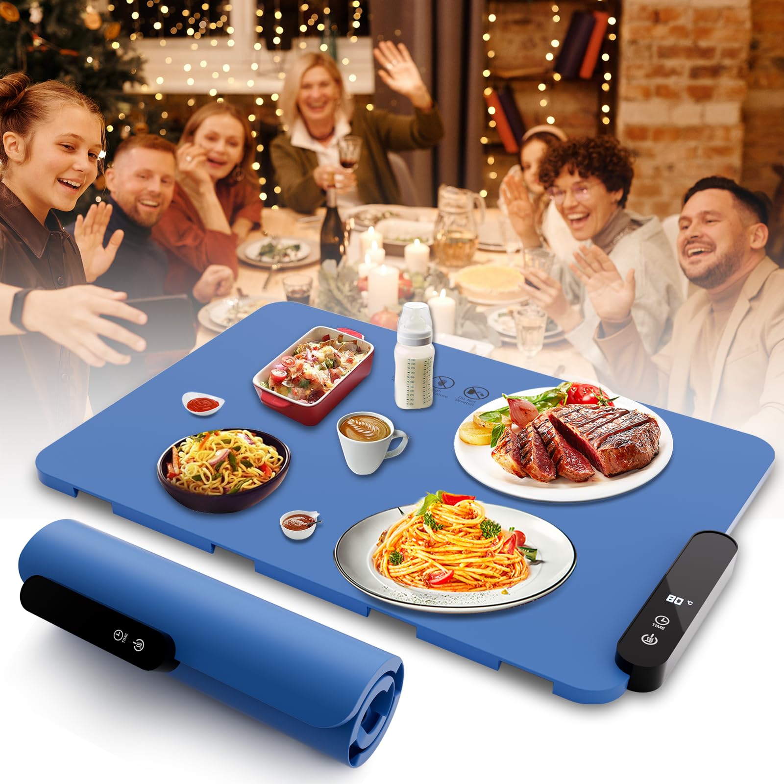 Electric Warming Tray, Size:17.7 * 12.5IN Portable Warming Mat Rollable 5 Modes Temperature 6 Timer Setting Food Warmer for Buffets Party and Home Daily Use- Small Blue Size:17.7 * 12.5IN