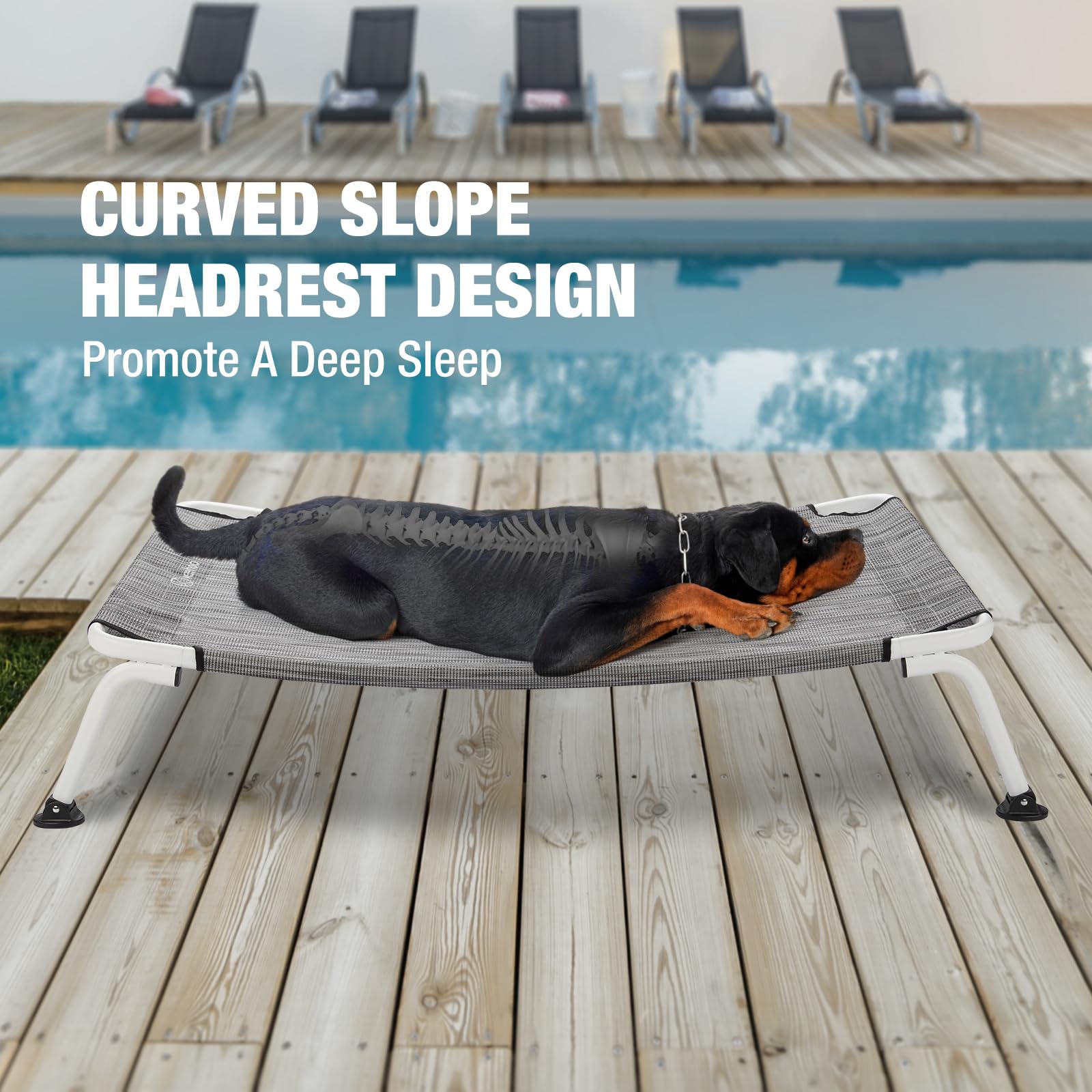 Veehoo Curved Cooling Elevated Dog Bed, White Frame Outdoor Raised Dog Cot, Chew Proof Pet Bed with Washable & Breathable Textilene Mesh, Non-Slip Feet for Indoor & Outdoor, Large, Black Silver