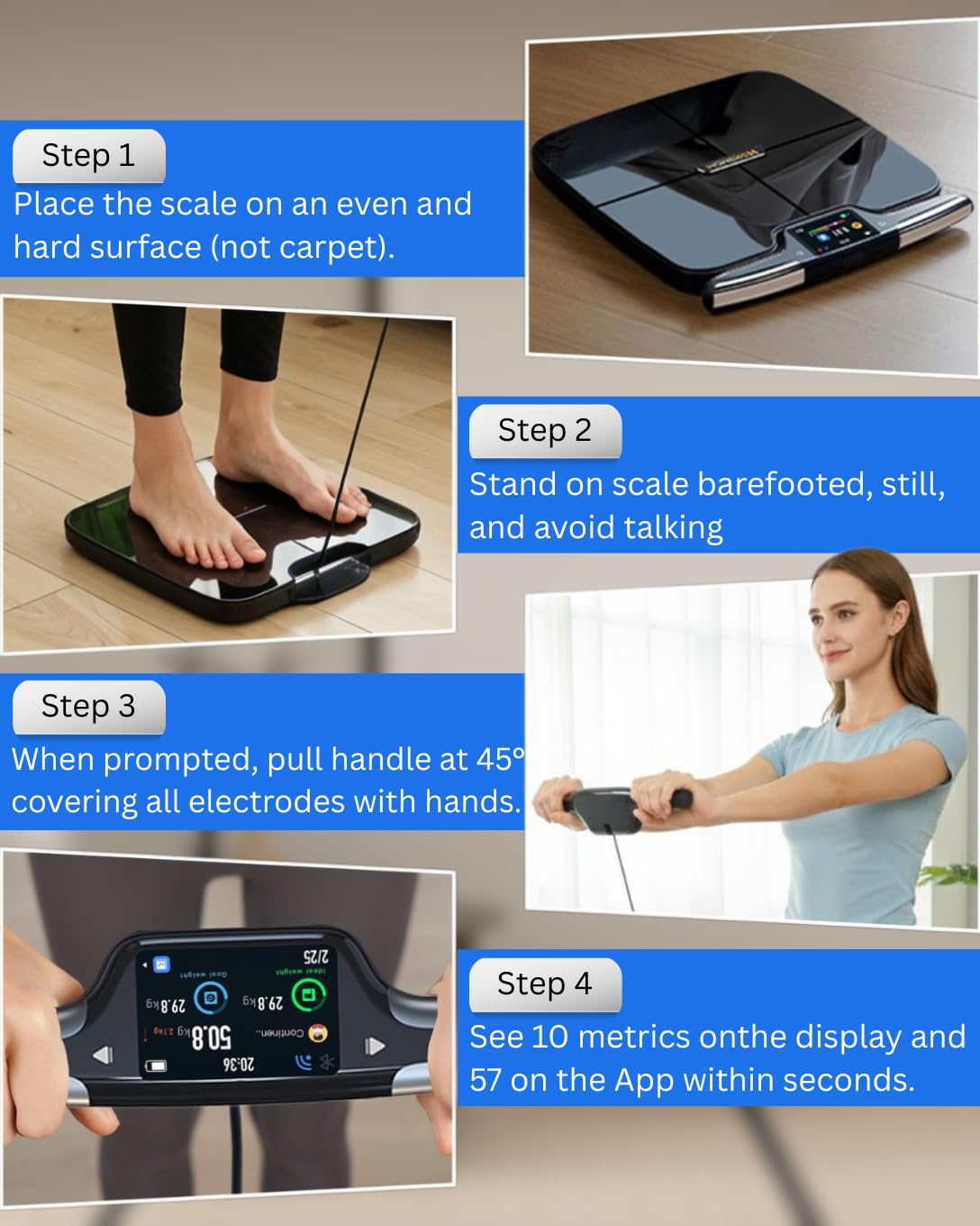 Homerz Báscula de composición corporal con 57 métricas, báscula digital de grasa corporal con IMC, seguimiento de masa muscular y frecuencia cardíaca, báscula inteligente Bluetooth de 8 electrodos