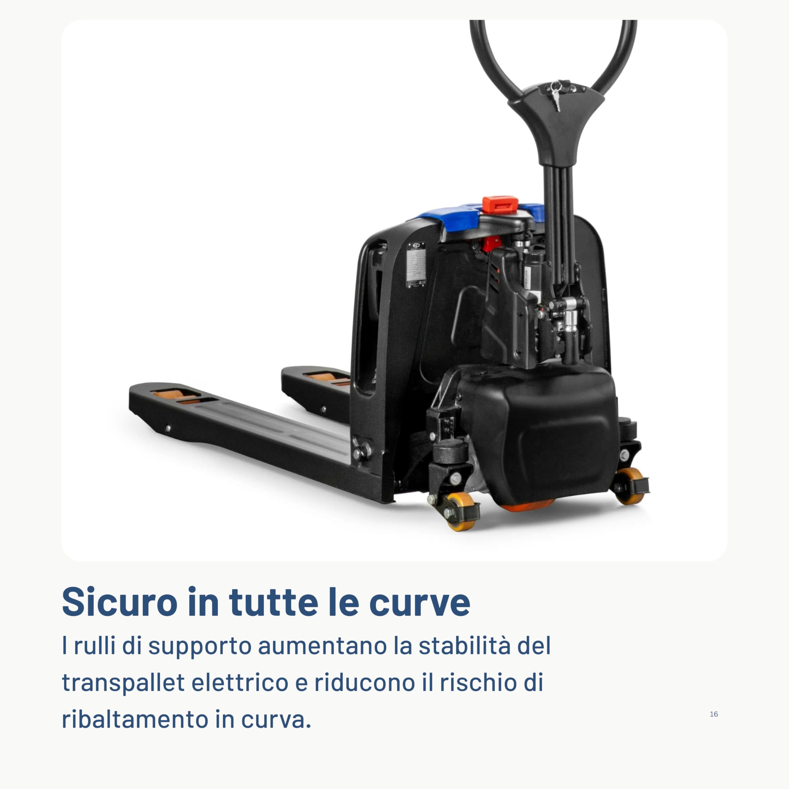 Pallit Transpallet Elettrico 1500 kg ONE-F4 con Batteria Litio 20 Ah, Carrello Elevatore Compatto per Spazi Stretti, Muletto Elettrico Sicuro con Rulli di Supporto