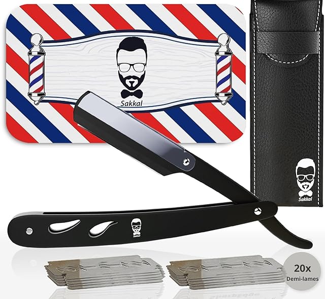 Brzytwa Barber zestaw 20 półostrzy etui skóra podróżna SAKKAL | golarka fryzjerska męska ręczna broda profesjonalny zestaw, klasyczny zestaw do pielęgnacji dłoni, precyzyjny mechanizm fryzjerski,