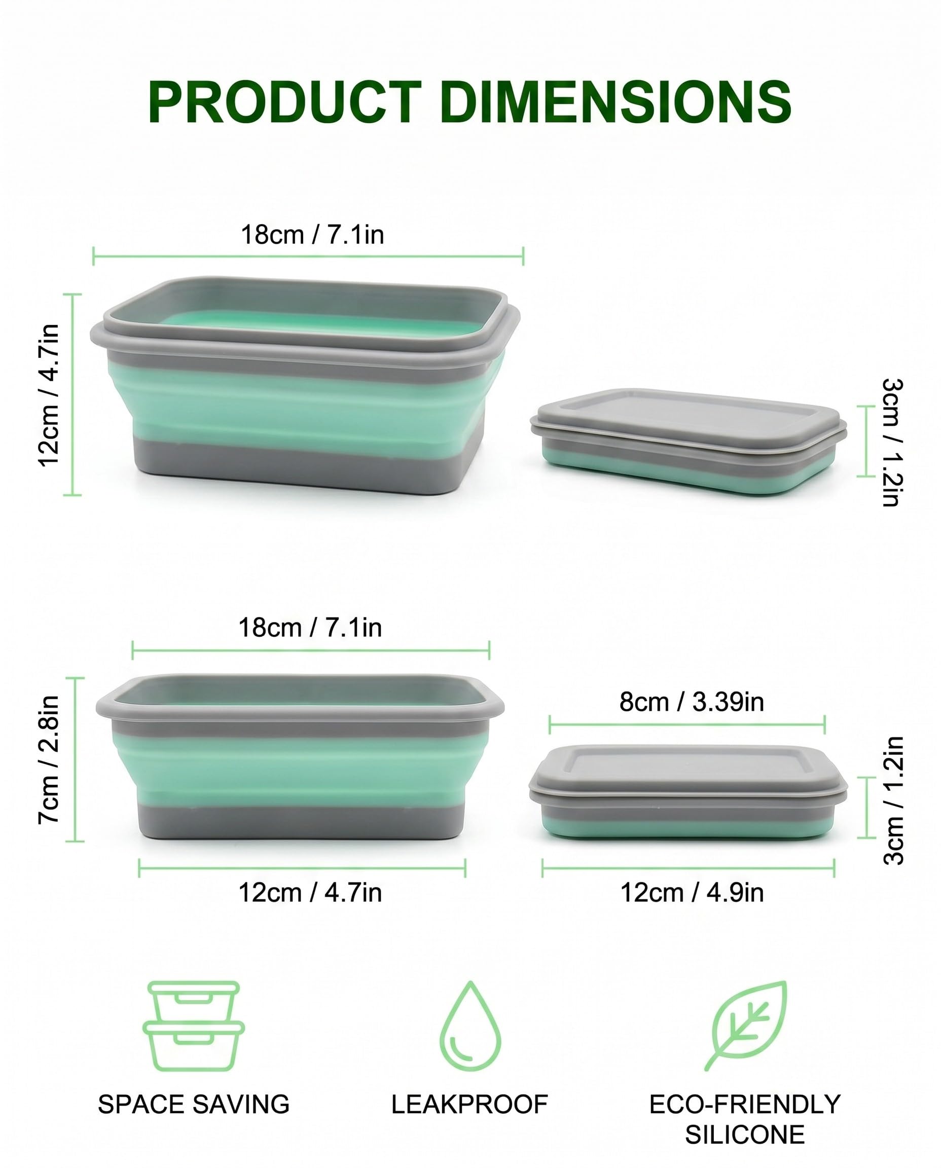 Set 2 Ciotole Pieghevoli Quadrate - Salvaspazio in Silicone, Anti-fuoriuscita & Microonde, Ideali per Camping, Escursioni e Conservazione Cibo Fresco