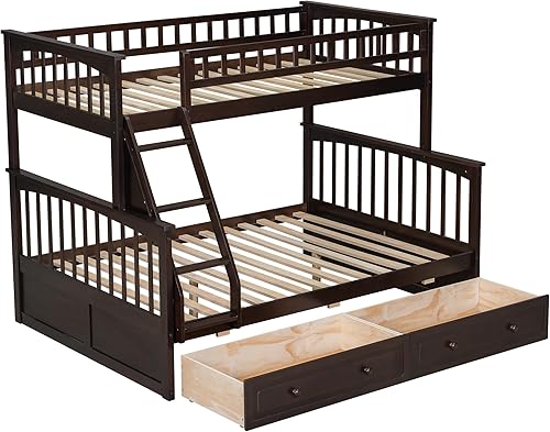 Miniatura 190 de Litera individual sobre matrimonial con cajones, escalera deslizante y almacenamiento, litera de madera con barandilla alta y escalera para niños,