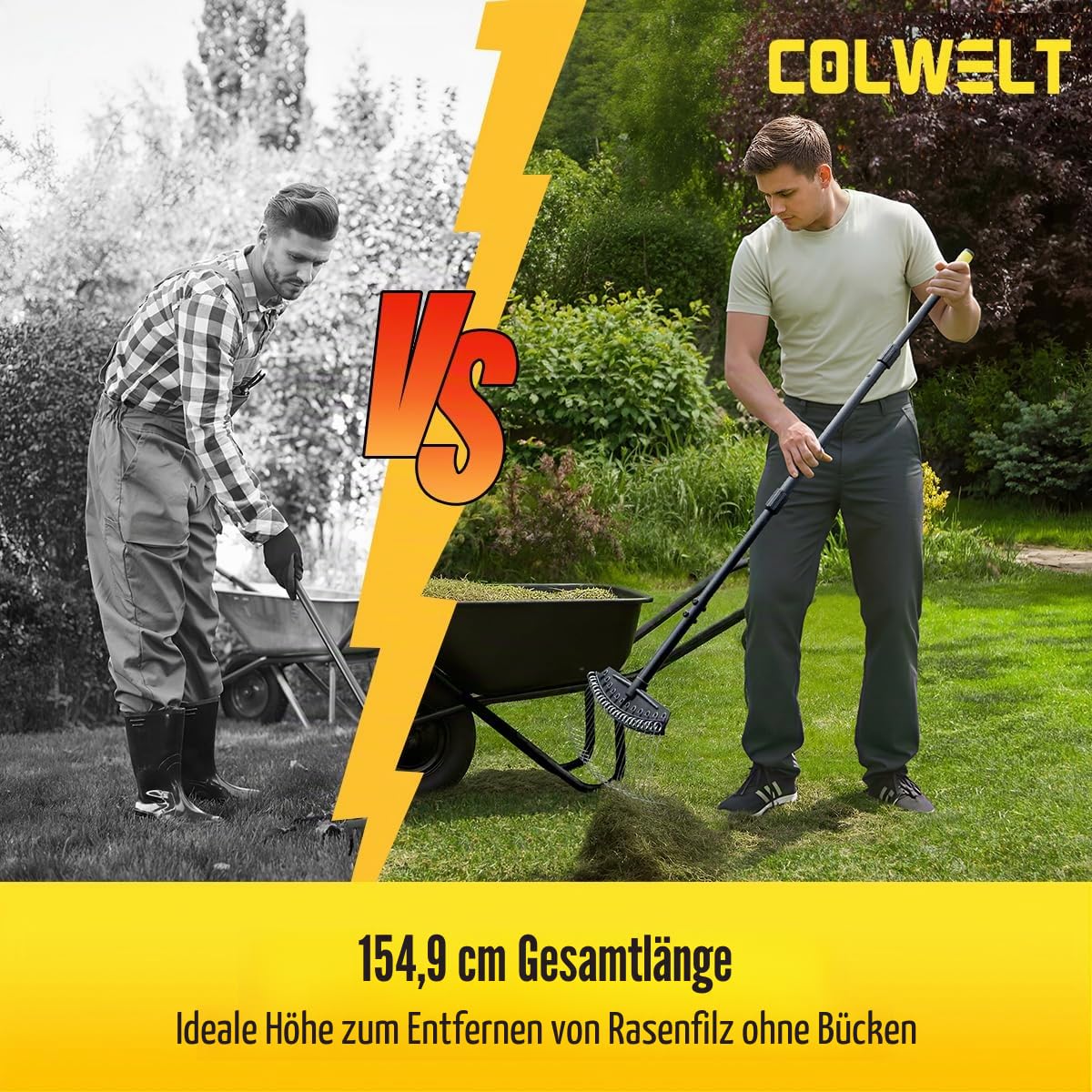Colwelt Vertikutierrechen, Federstahlzinken, 155 cm Stahlstiel, Rasenrechen