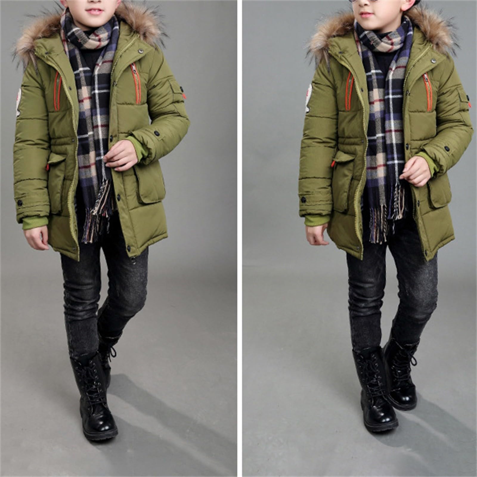Boys Girls Winter Coat Hoodie Warm Quilted Puffer Parka Jacket with Furry Hood Kids Zip Up Solid Outerwear (AG, 160)