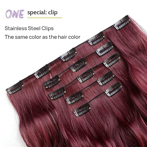Miniatura 4 de Extensiones de cabello color burdeos con clip, extensiones de cabello ondulado de 18 pulgadas de grosor sintético con clips en rojo, para mujer, 5