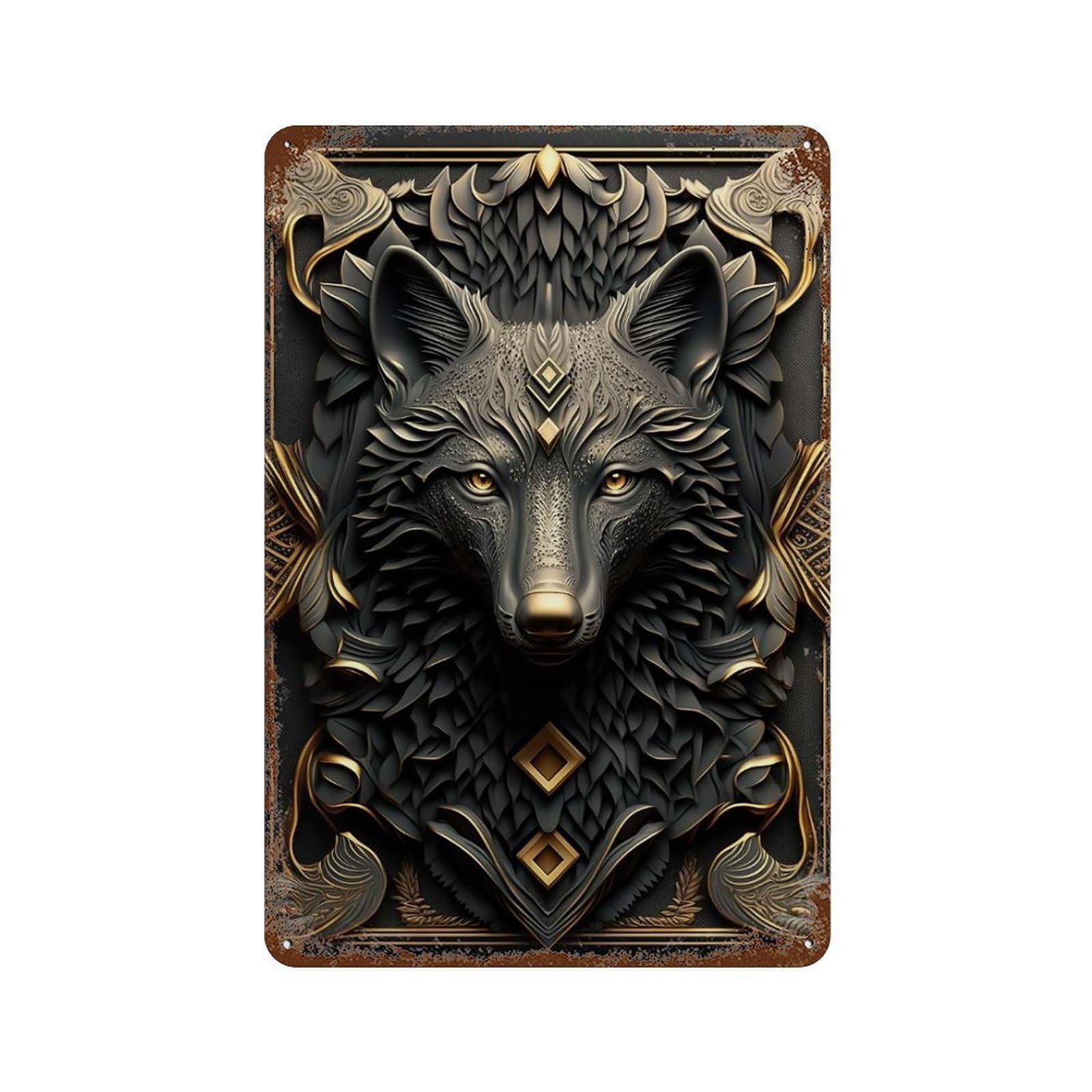 Weathered Tin Sign Golden Black Wild Wolf Art 11.8"x7.9", Rustic Home Decor for Basement, Hobby Room And Garage Decor