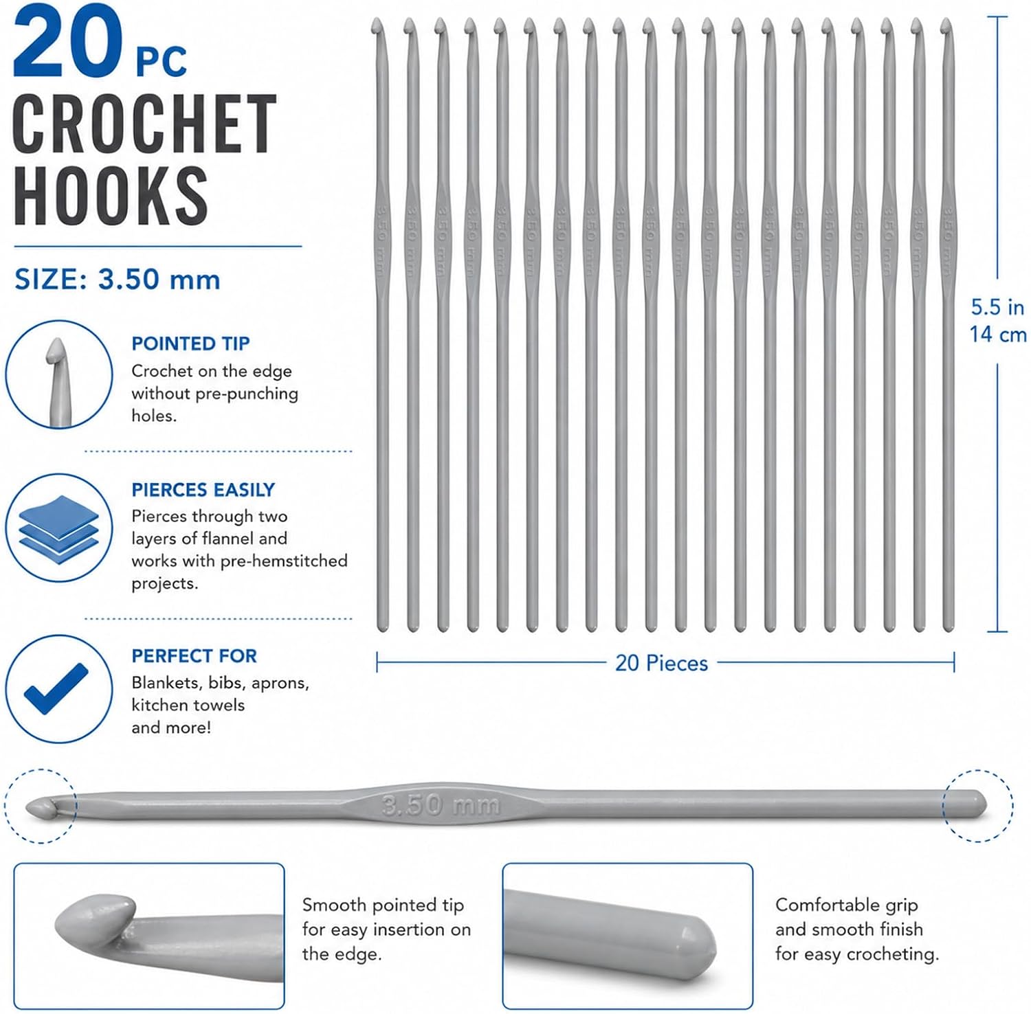 Leisure Arts Aluminum Crochet Hooks with Sharp Point, 1.75mm, 20pc