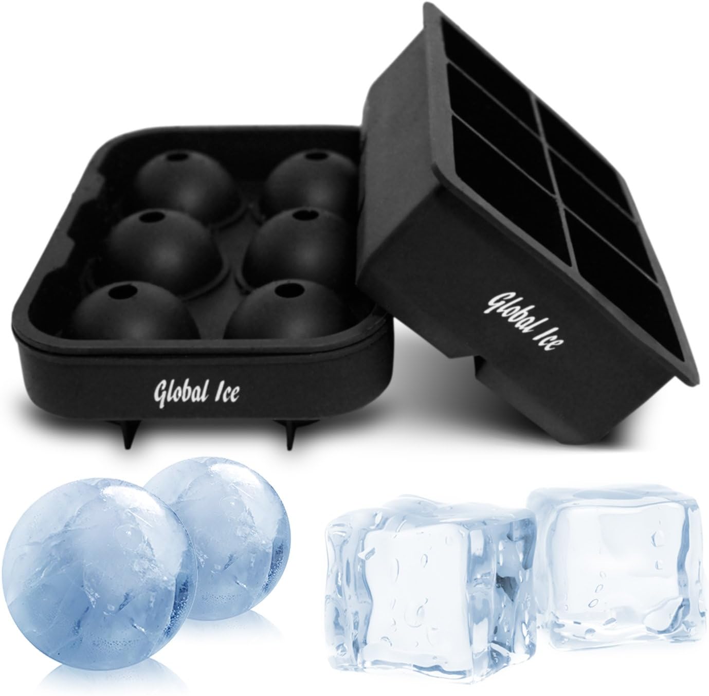 Ice Trays Sphere and Cube Silicone Combo Pack (Set of 2) Flexible Big Block Ice Cube Tray and Easy Release Sphere Ice Mold - Global Ice Luxury Brand