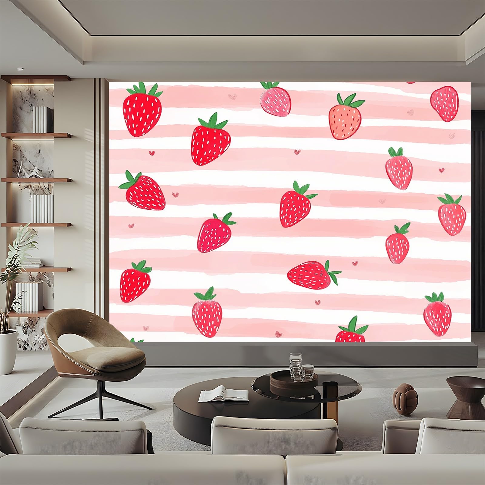 Panoramiczna tapeta kreskówka truskawkowe paski czerwona róża 200 x 140 cm (szer. x wys.), nowoczesna tapeta z włókniny do sypialni salonu biura spersonalizowana dekoracja ścienna restauracja pokój