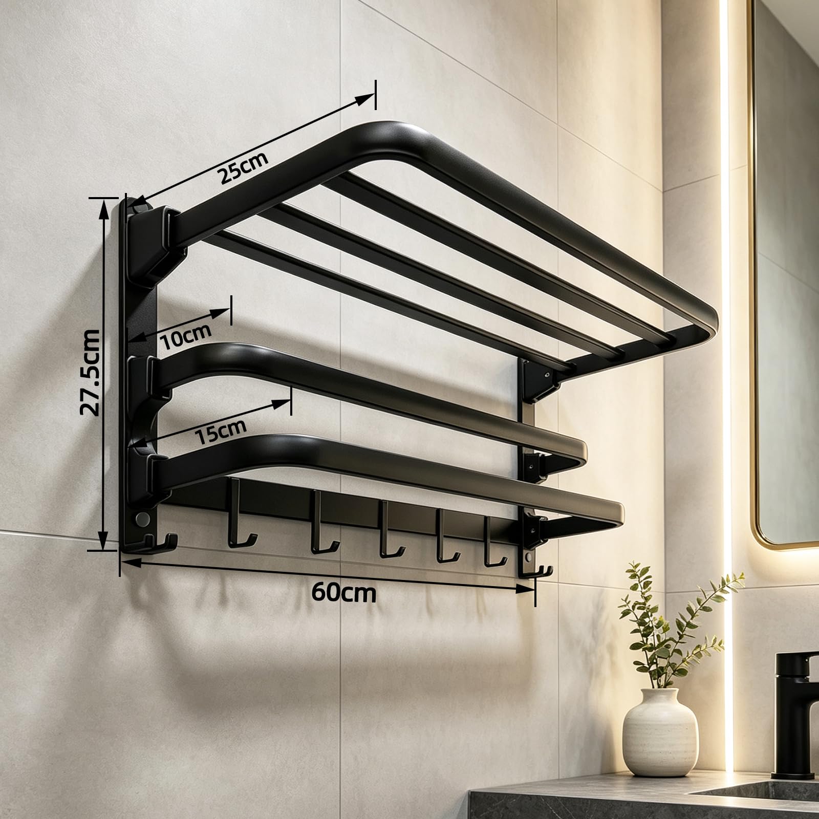 Jahof Wieszak na ręczniki, składany, 3-warstwowy, aluminiowy wieszak na ręczniki z haczykami, regał na ręczniki z wierceniem, do łazienki i kuchni (60 cm, czarny)