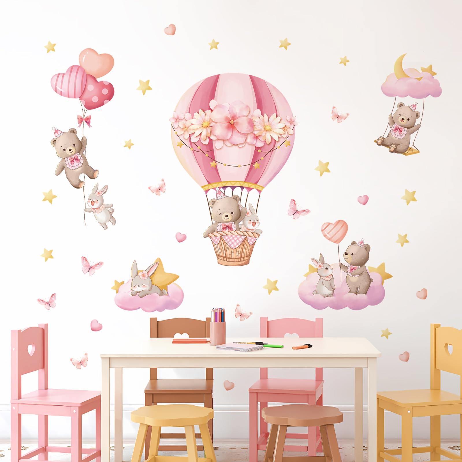 DECOWALL Rainbow And Hot Air Balloons Wall Stickers - Removable Peel And Stick Kids Room Decor