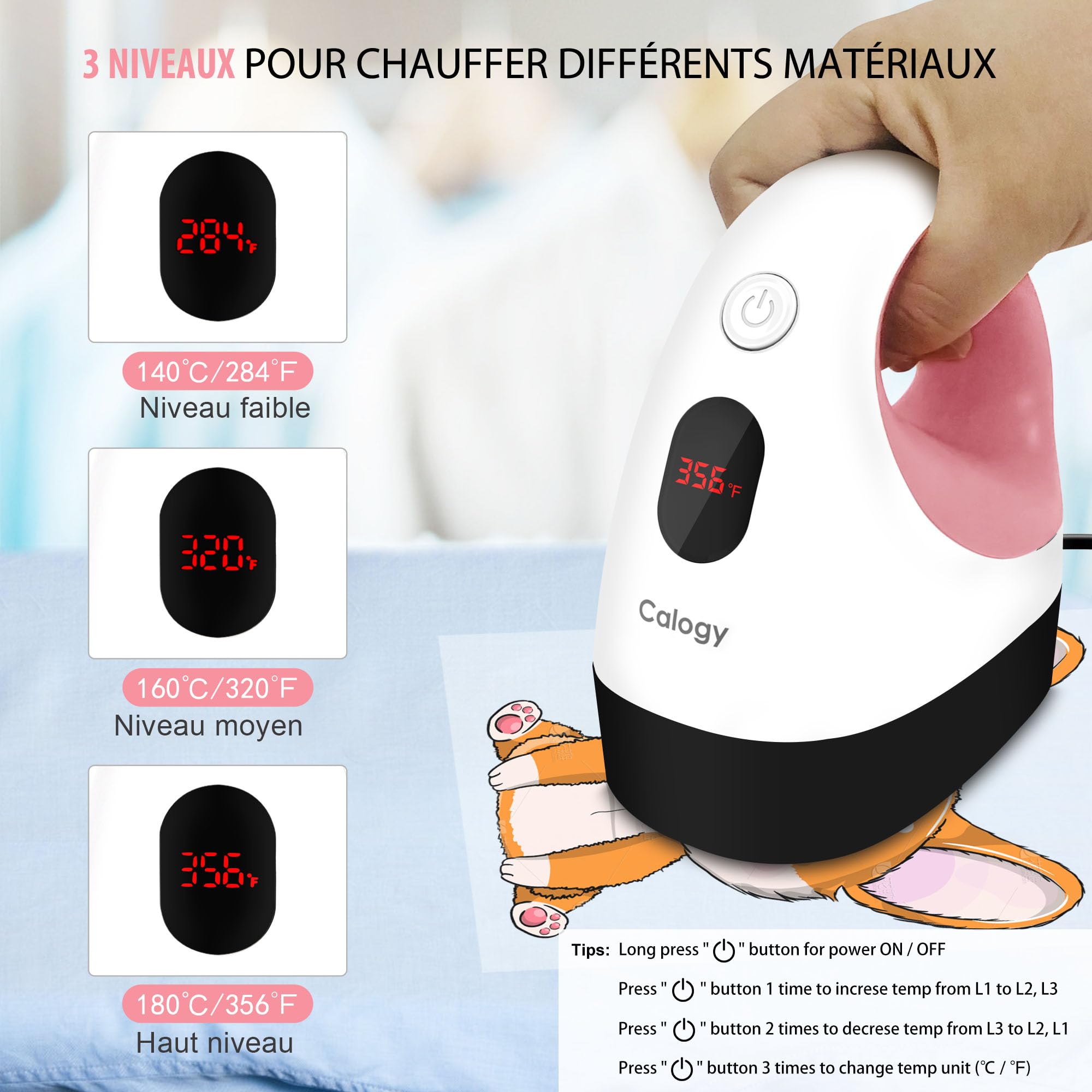 Calogy Mini Presse à Chaud, Machine Impression Textile Petit, Portable Mini Fer avec Affichage LED, 3 Niveaux Contrôle de la Température, Base Sécurité Isolée pour Tee Shirt, Casquett（Blanc Rose)