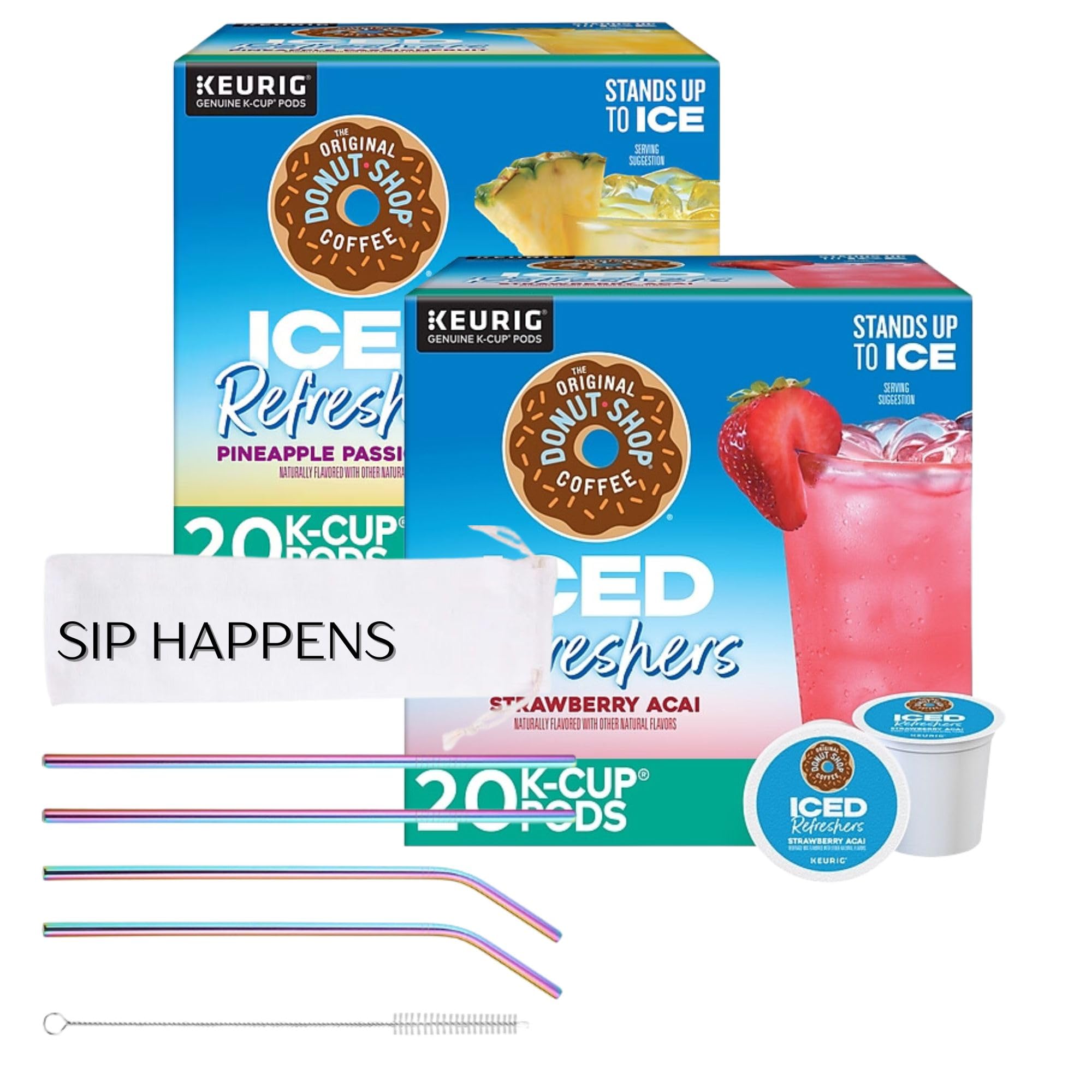Ice Refreshers Strawberry Acai K Cup and Pineapple Passion Bundle with Keurig Iced Refreshers 40ct Pods and Stainless Steel Iridescent Straws with Storage Bag