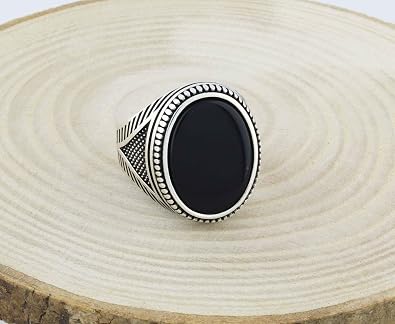 Solid 925 Sterling Silver Oval Black Flat Onyx Stone Men's Ring