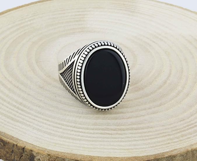Solid 925 Sterling Silver Oval Black Flat Onyx Stone Men's Ring
