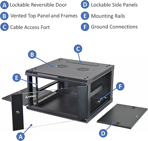 Miniatura 6 de AEONS Gabinete de servidor de red de montaje en pared profesional 9U Rack de red de servidores de 19 pulgadas 16 pulgadas negro profundo