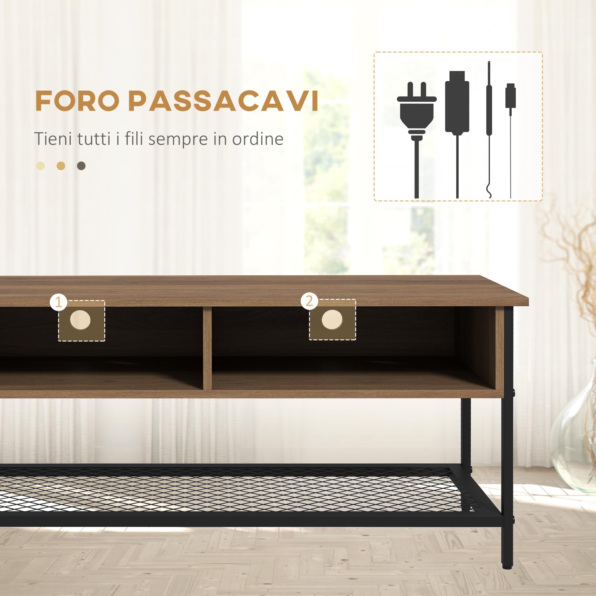 HOMCOM Mobile Porta TV fino 48" in Stile Industriale, Mobile Basso con Ripiani in Legno e Acciaio, 110x40x48cm, Marrone e Nero