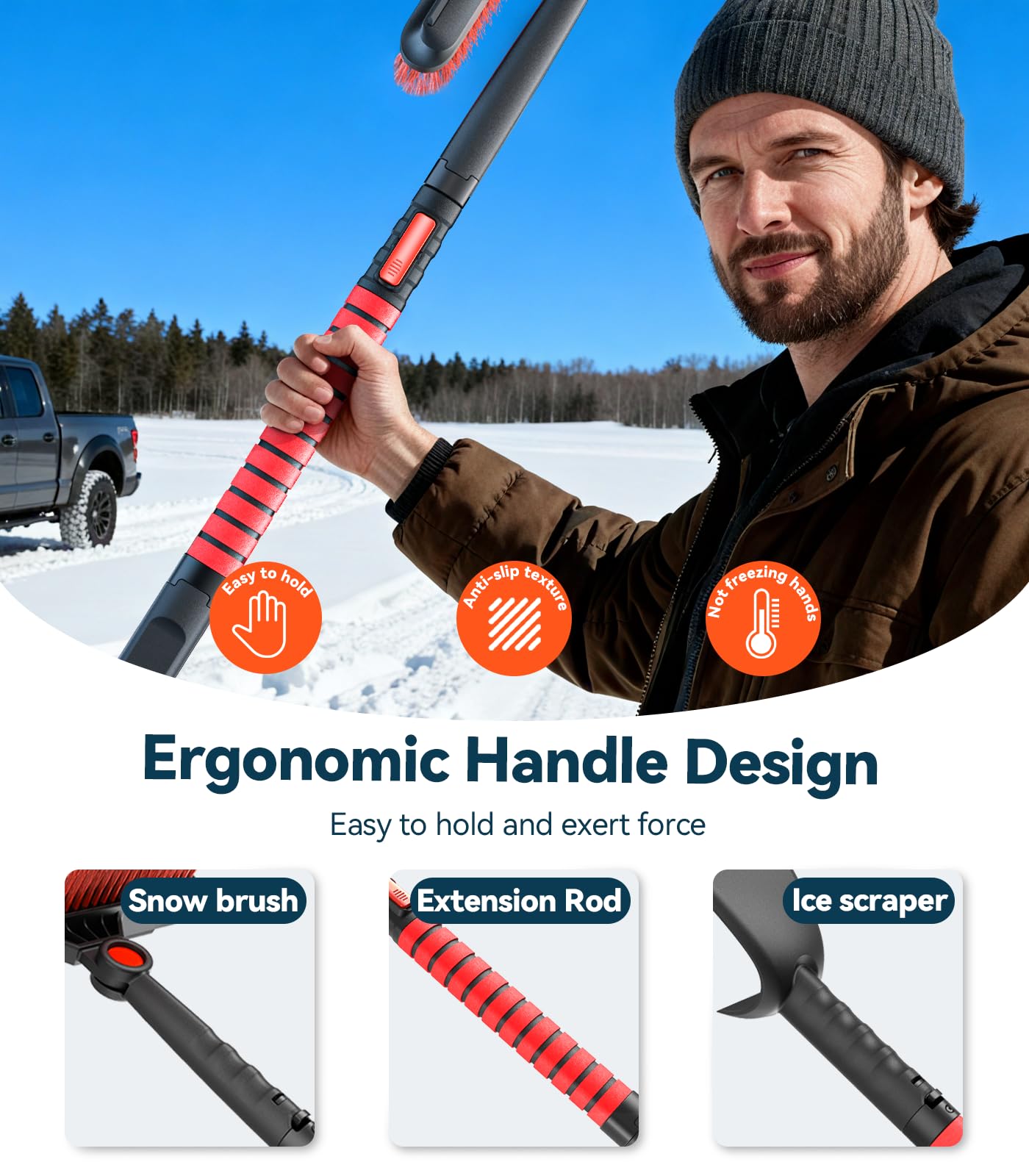 TrySpace Wszechstronna wysokowydajna szczotka do czyszczenia 99 cm wysuwana szczotka do śniegu i skrobaczka do lodu z raklą, łopatą, skrobaczką do lodu do przedniej szyby samochodu, ciężarówki