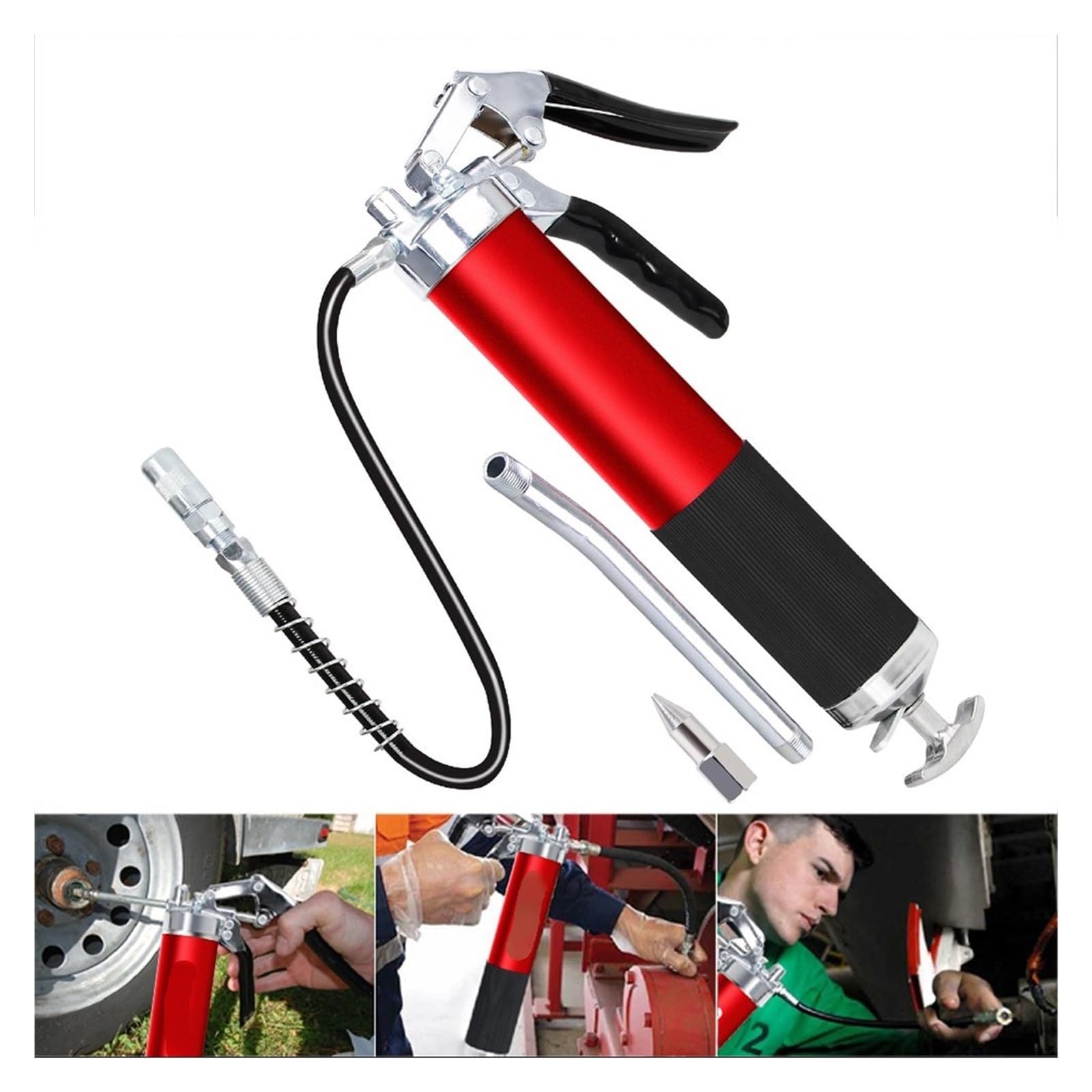 Pistola engrasadora con empuñadura de Pistola de Servicio Pesado Pistola de engrase roja de 6000 PSI, Mango de empuñadura de Pistola de 400cc con Manguera Flexible de 18" rígida