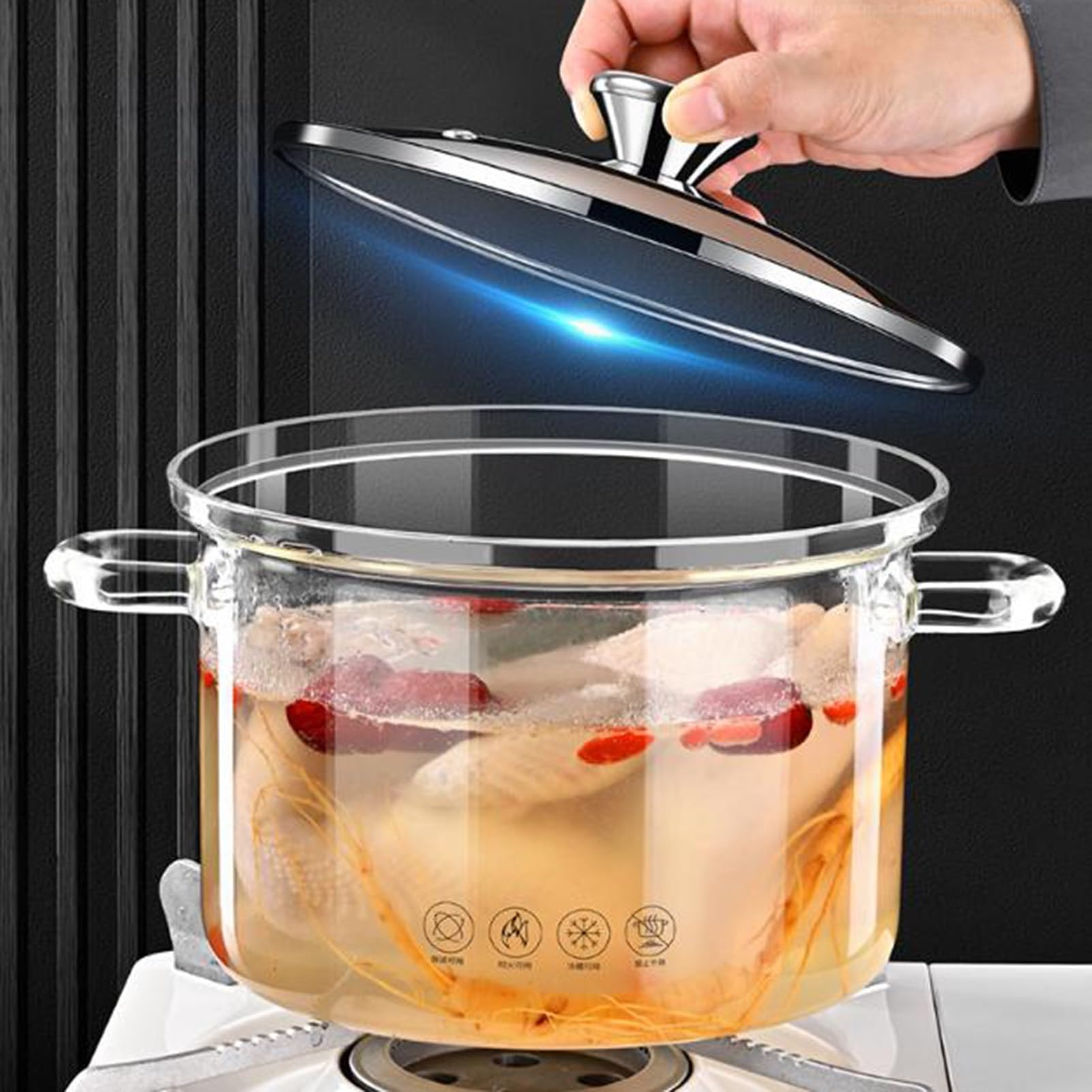 Glastopf for Kochen, hitzebeständiger Suppentopf, transparenter Auflauf | Suppenschüssel mit Deckel , Glastöpfe for Suppe, Milch, Nudeln(1.8L)