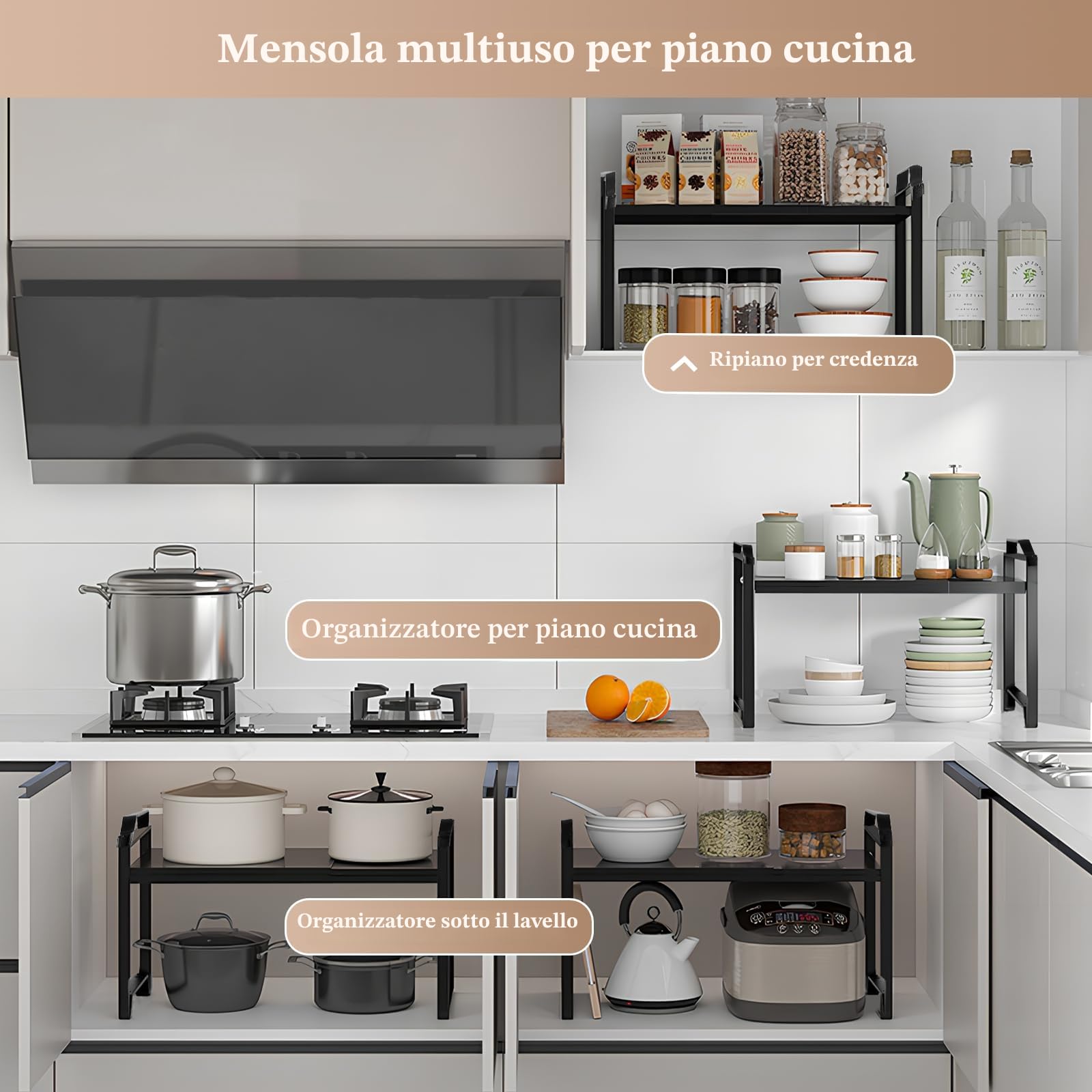 Ripiano Organizzatore per Cucina, Scaffale Espandibile 32-53cm per Pensili, Ripiani Resistente per Top Cucina, Scaffalatura Regolabile in Nero con 3 Altezze, Organizzatore per Desktop e Mobili