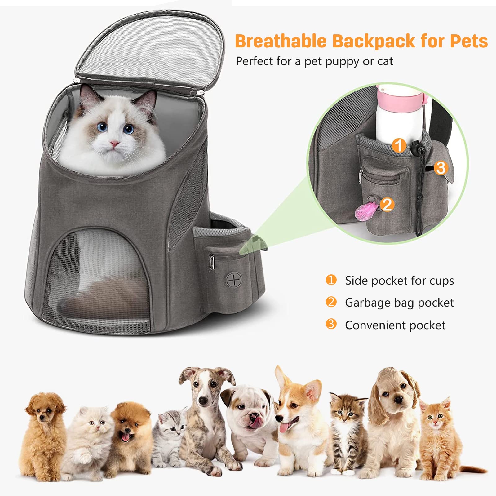 PETCUTE Rugzak voor honden, kleine transportrugzak voor katten, rugzak voor huisdieren, voor wandelen, reizen, kamperen