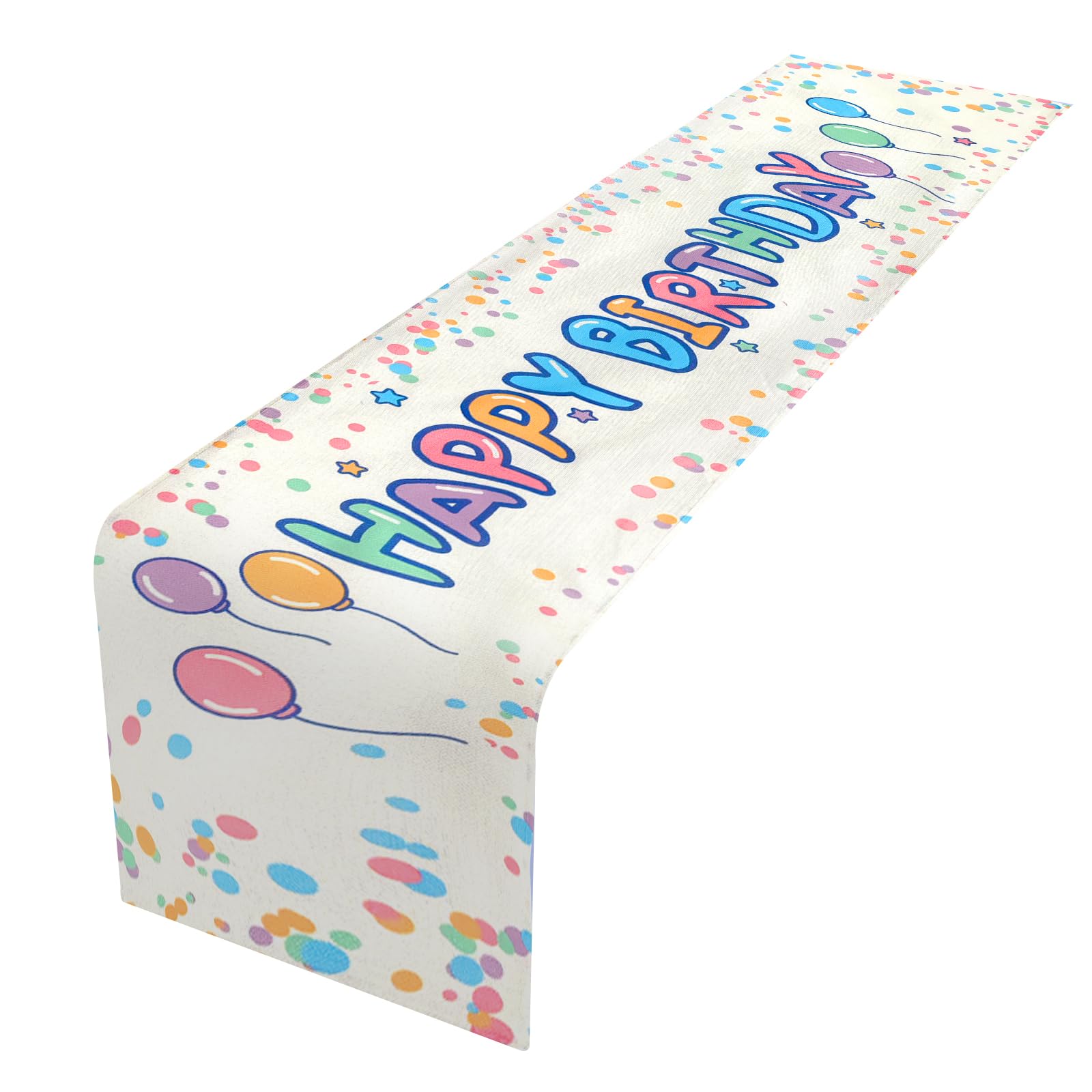 Happy Birthday Tischläufer Geburtstag für Kinderpartys mit Punkten, bunten Luftballons und Sternenmuster. Geburtstagsdekoration, 35 x 180 cm