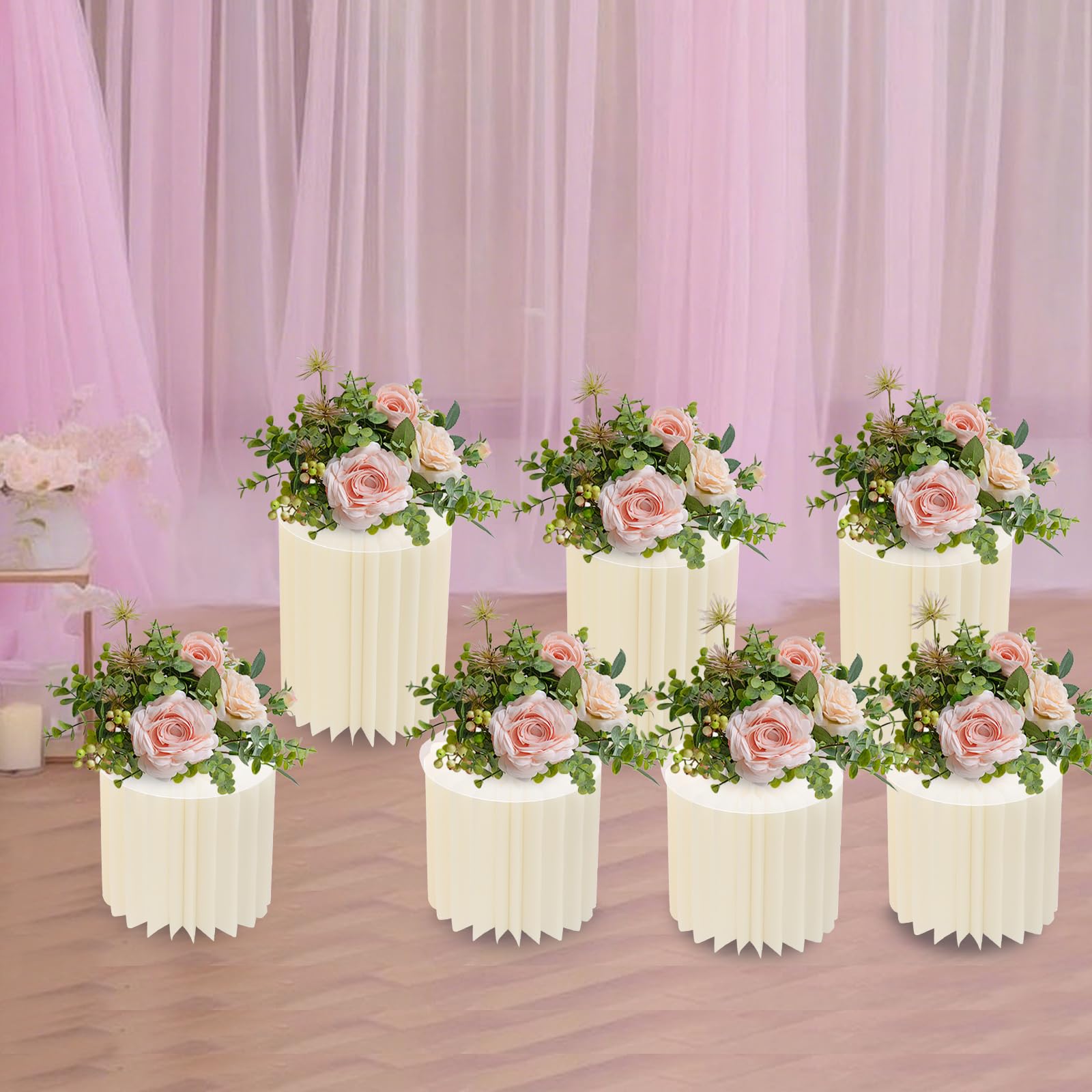Lot de 7 supports de fleurs en carton pour mariage, vases, colonne décorative pliable avec plaques en PVC, pour décoration de table, cupcake, table à gâteau (30 x 40/30 x 30 cm)
