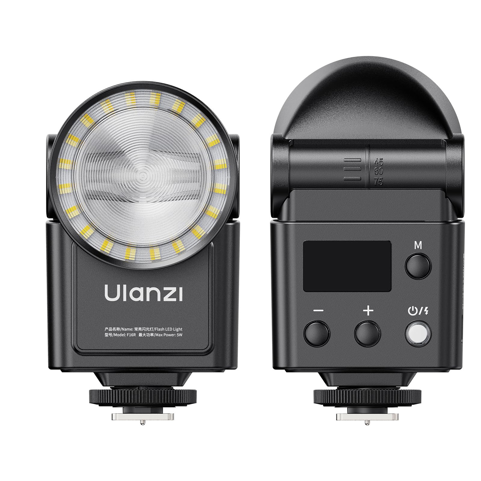 ULANZI F16R Mini cámara flash Speedlite, GN16 2 en 1 flash luz de vídeo, 7 niveles de potencia (1/64~1/1), inclinación de 90°, 2500-6500K, 550 flashes, zapata universal con difusor para Sony, Canon