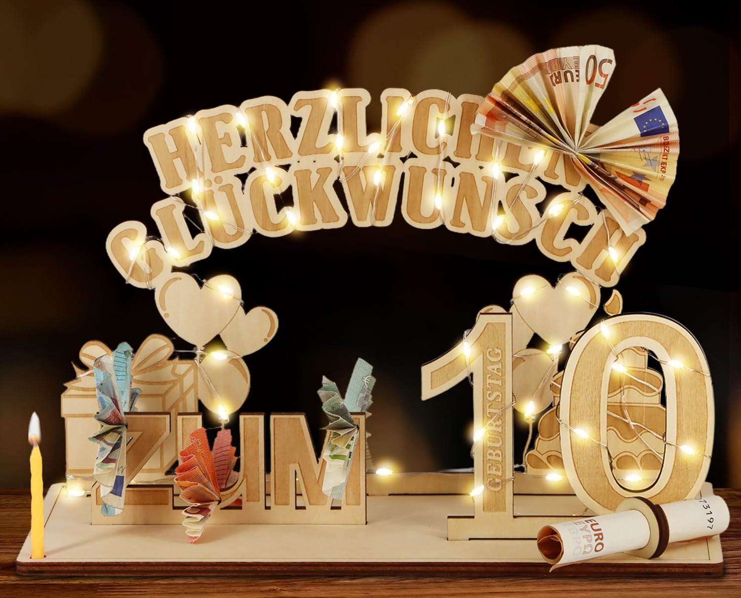 Giftota Holz Geldgeschenk mit LED-Lichterkette