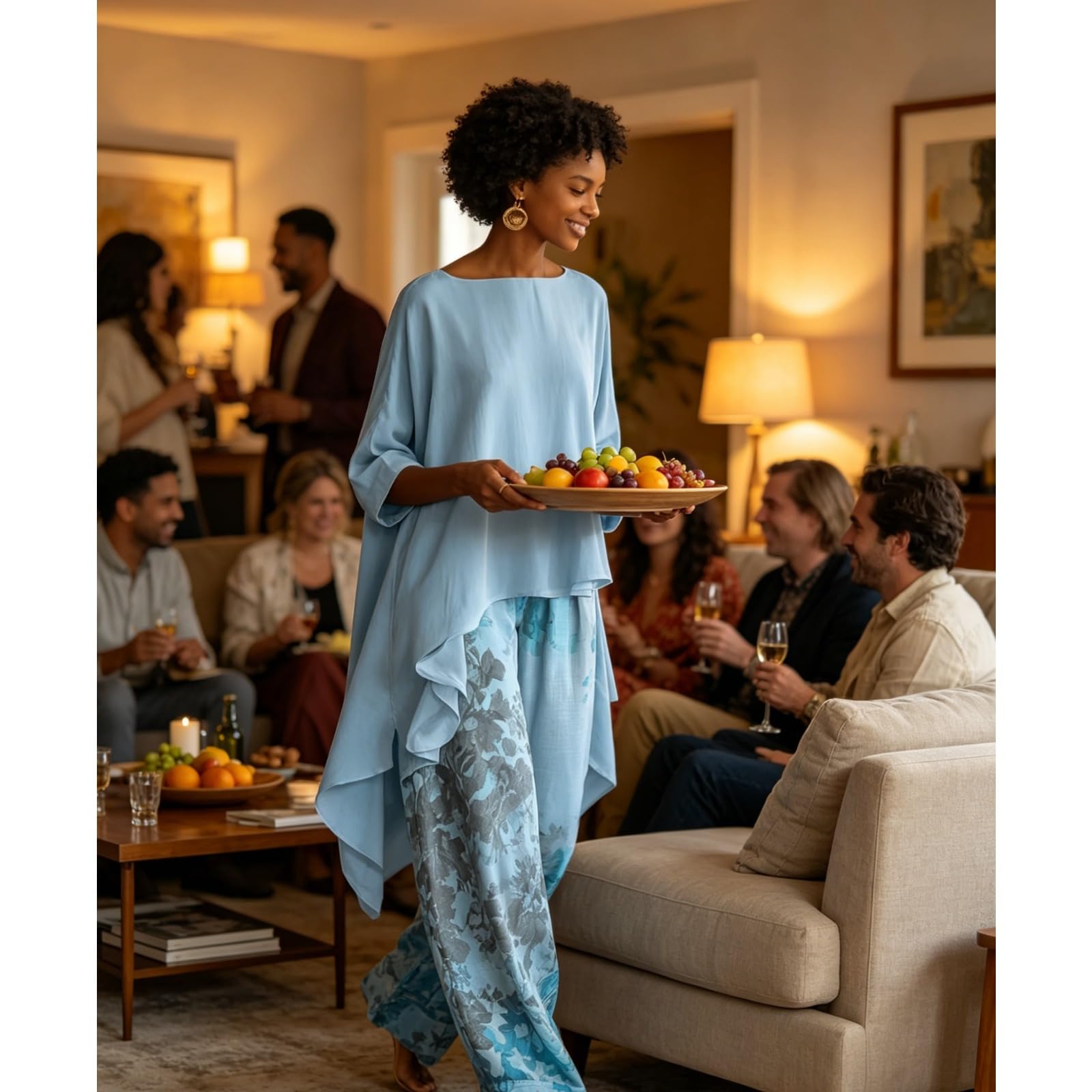 Genérico Conjunto de túnica asimétrica y pantalones de pierna ancha – Color liso, manga larga y dobladillo irregular – Conjunto de dos piezas