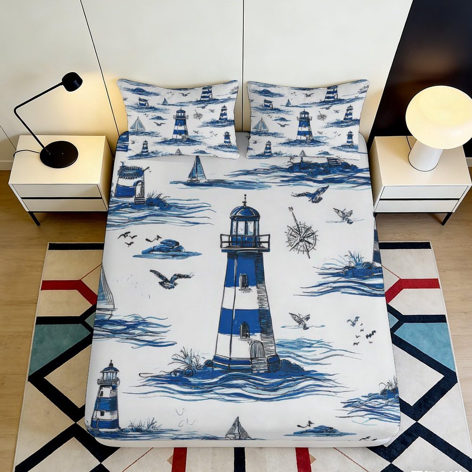 Jqzkxnhpbr Style-10 3D Printed Lighthouse Ocean Fitted Sheet Microfiber Soft Mattress Cover Nautical Bed Decor For Bedroom Guest Room 90X200x25cm