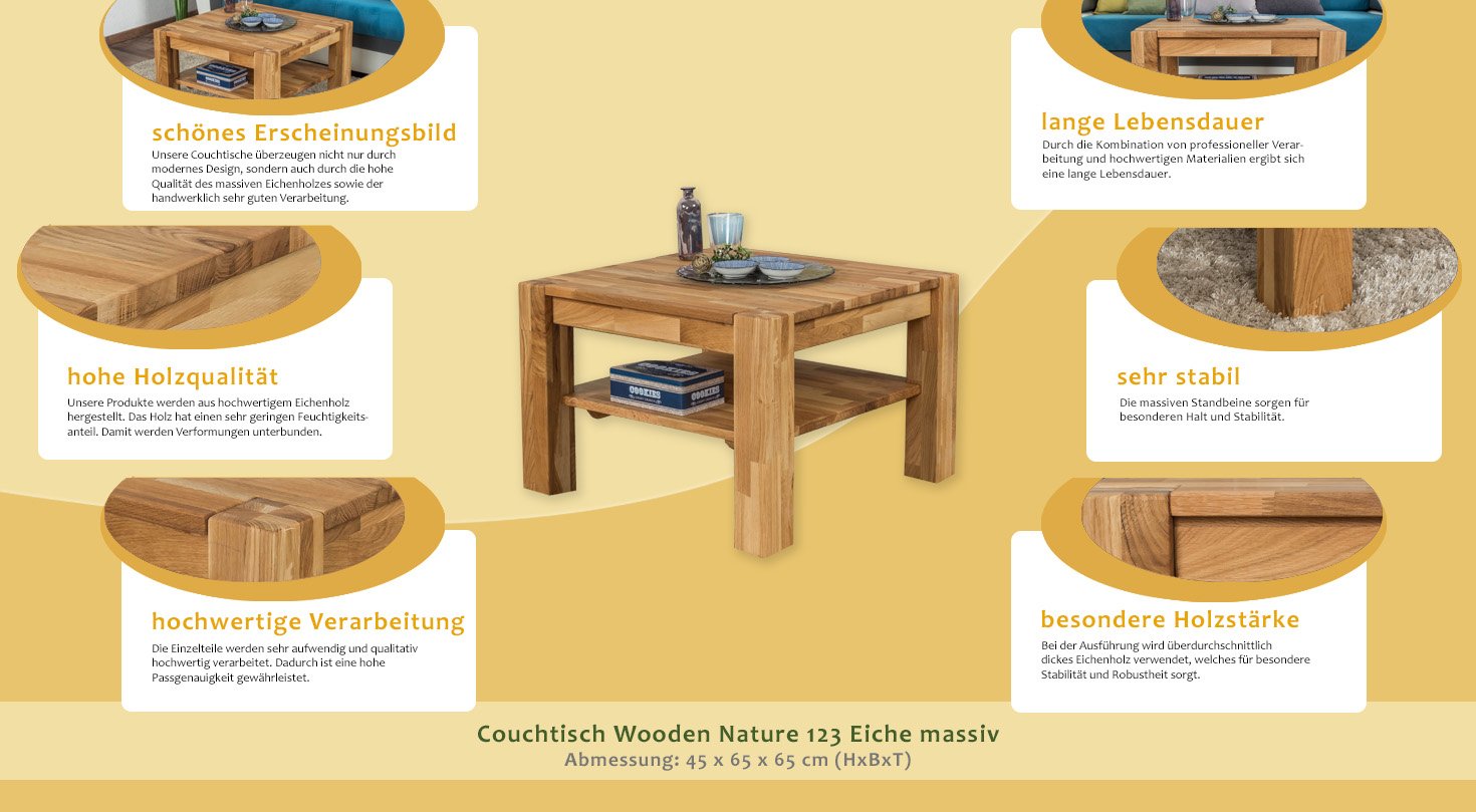 Couchtisch Wooden Nature 123 Eiche massiv - 45-65 - 65 cm (H - B - T)