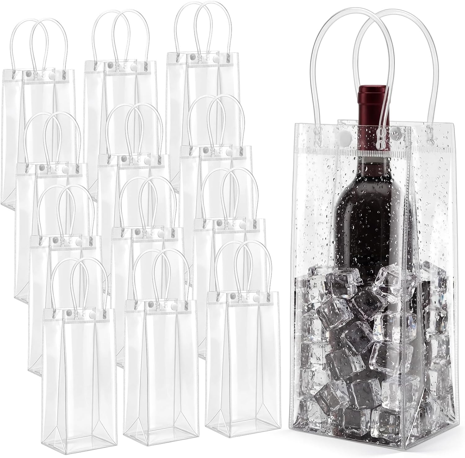 24 Pcs Ice Wine Cooler Bag 9.8'' Portable Collapsible Clear Wine Pouch with Handle Clear PVC Champagne Pouch Freestanding Carrier Chilling Bucket for Red White Outdoor Party Cold Beverage