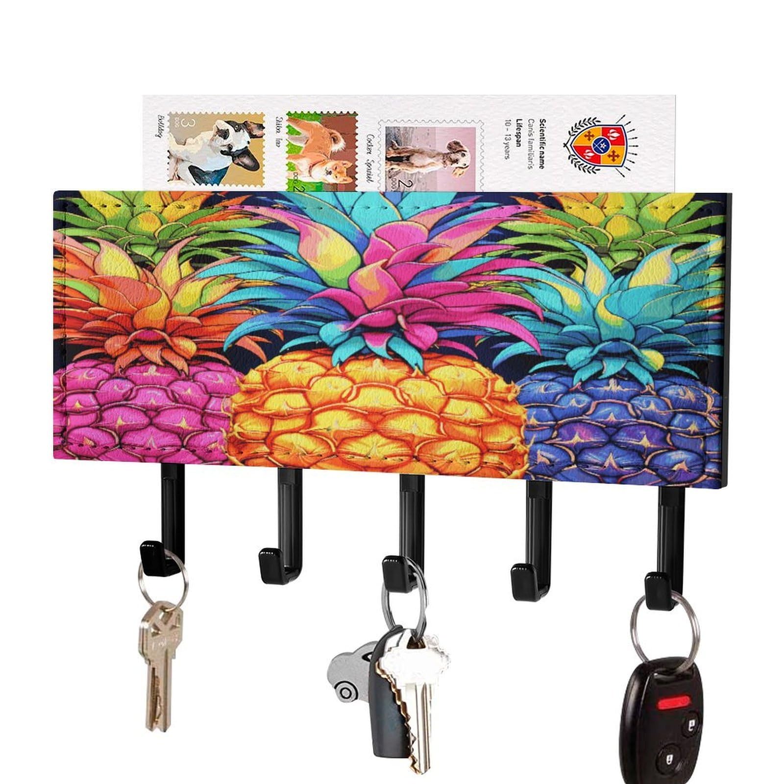 FekiLoot Colorful Pineapple Key Holder for Wall Decorative Mail Organizer with 5 Key Hook Self Adhesive Key Rack with Tray Coat Rack Wall Mount Key Hanger Decor for Entryway Door
