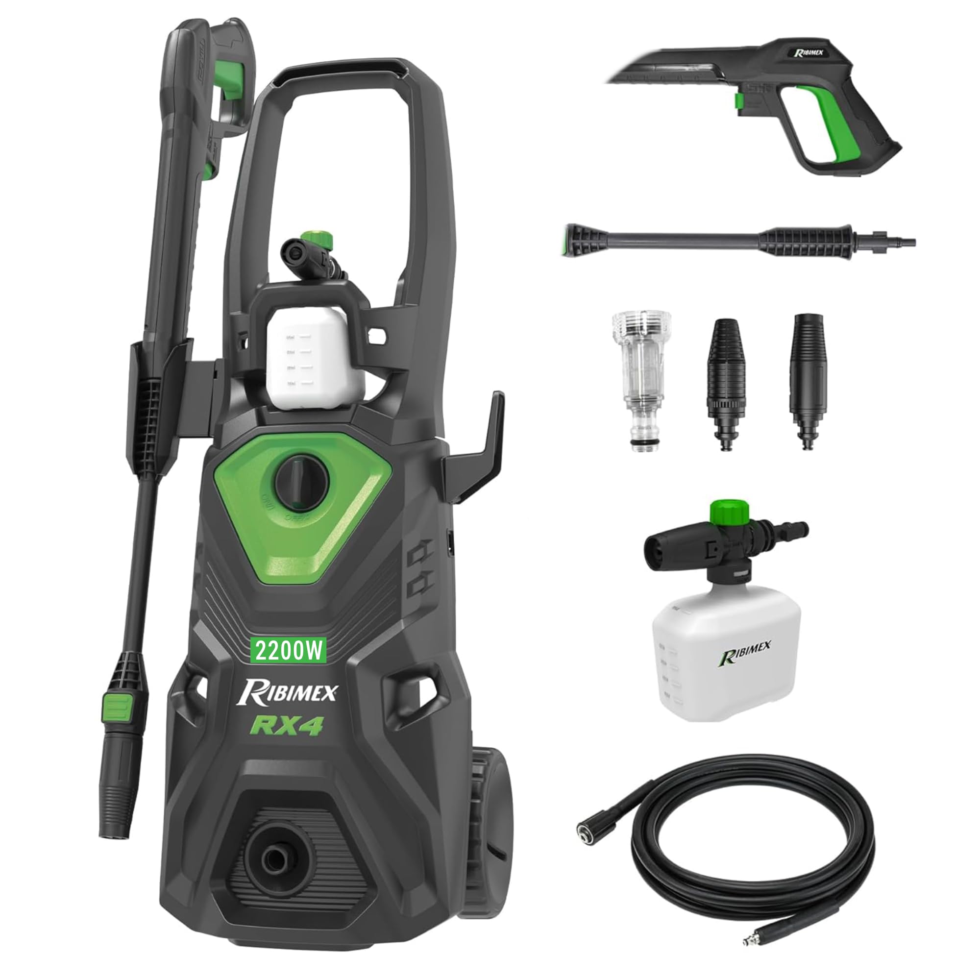 Ribimex Idropulitrice ad Alta Pressione RX4, 2200W, 160 Bar, 480 L/h, Getto Regolabile, Serbatoio Detergente 550 mL, Tubo da 5 m, Protezione IPX5, Arresto Automatico, Avvolgitubo Integrato - PRNHP04