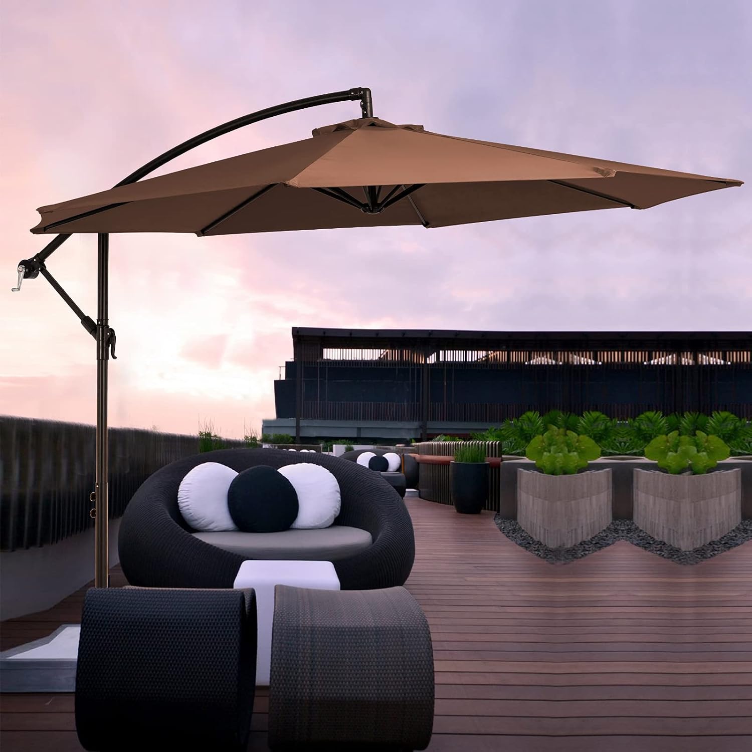 MEWAY 10ft Outdoor Umbrella Patio Offset Cantilever Umbrella, Large Market Deck Pool Backyard Umbrella with Cross Base & 10ft DIA Shade Table with 5 to 8 Chairs
