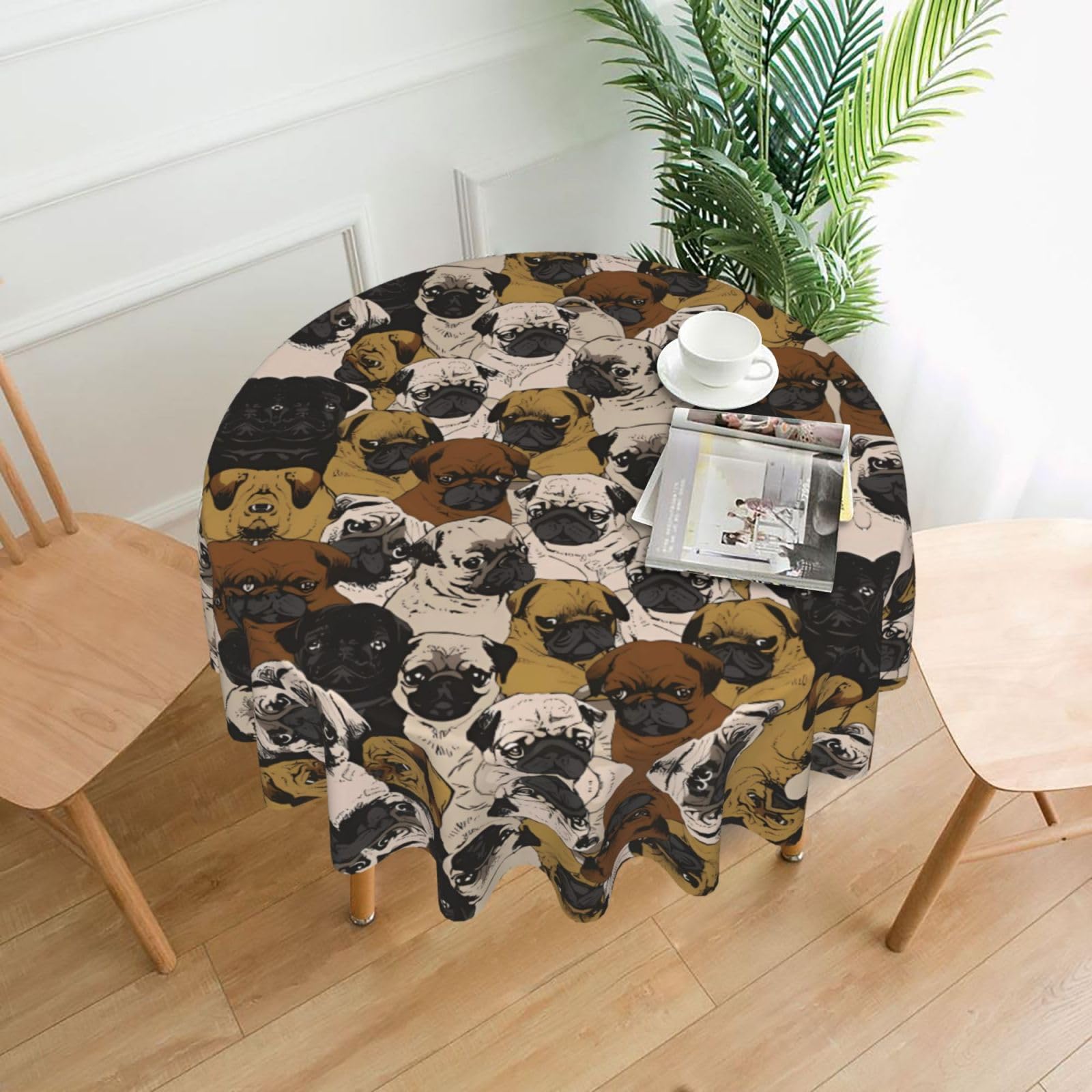 WHJSHOP Imagen De Pug Prints Round Decorative Tablecloth 60in – High-Grade Polyester Throw Cover for Dining Table Protection & Elegant Home Decor