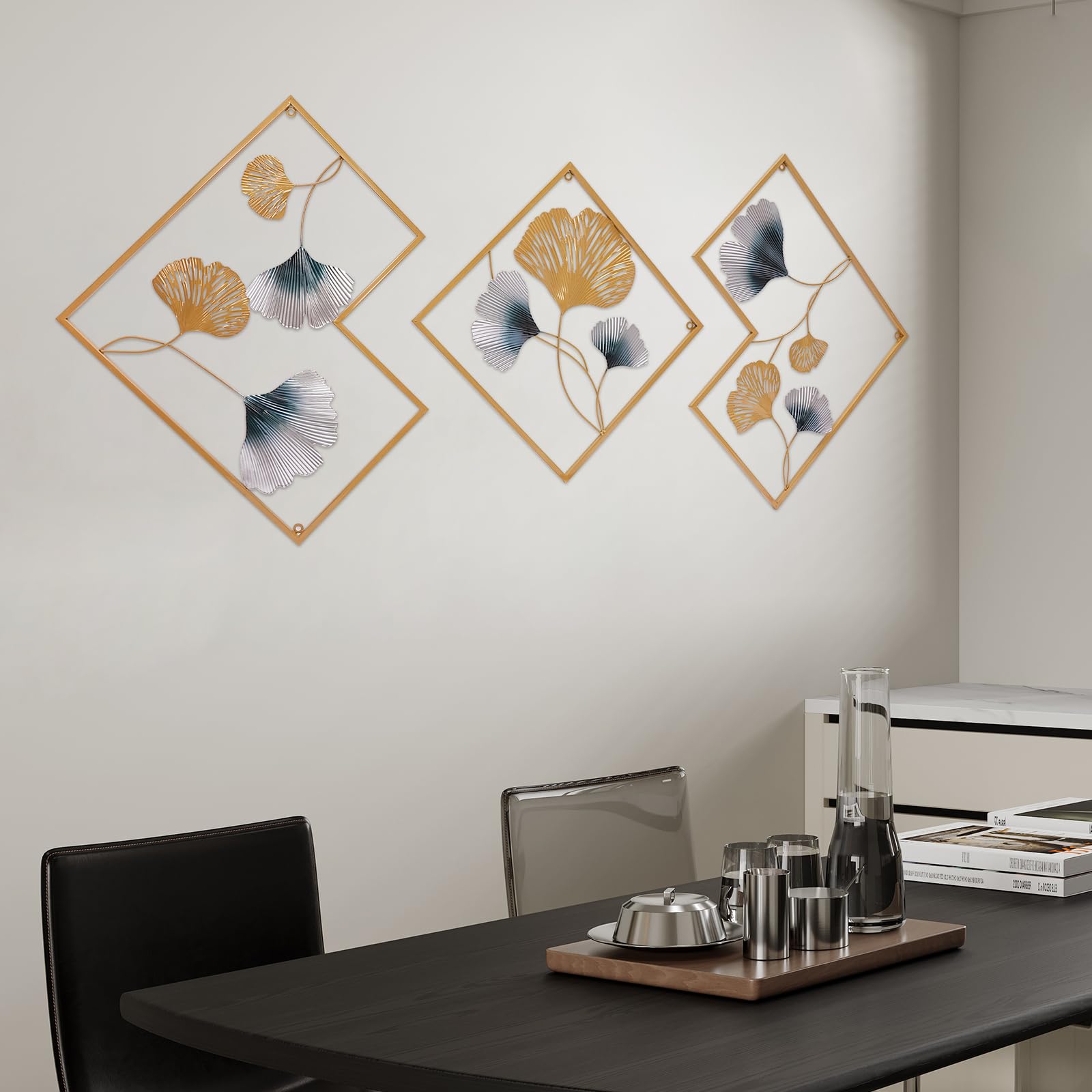 MEHOOSPVN 3 decorazioni da parete in metallo, a forma di foglia di ginkgo, decorazione da parete moderna di lusso, decorazione da parete in metallo, decorazione da parete, decorazione da parete in