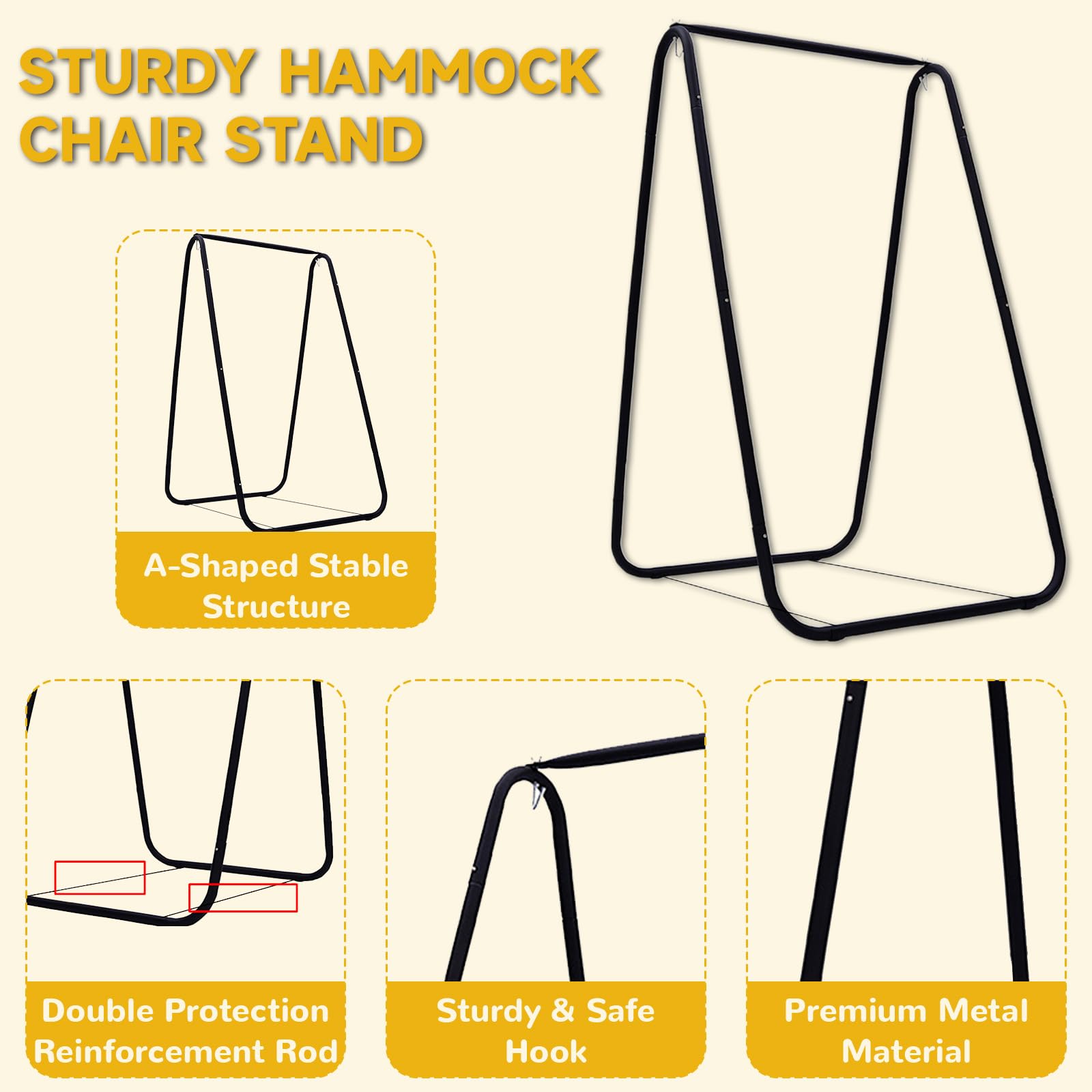 Support de hamac en métal robuste pour intérieur/extérieur, capacité de 136 kg, cadre de balançoire sensorielle pour jardin, terrasse, balcon – (chaise hamac non incluse)