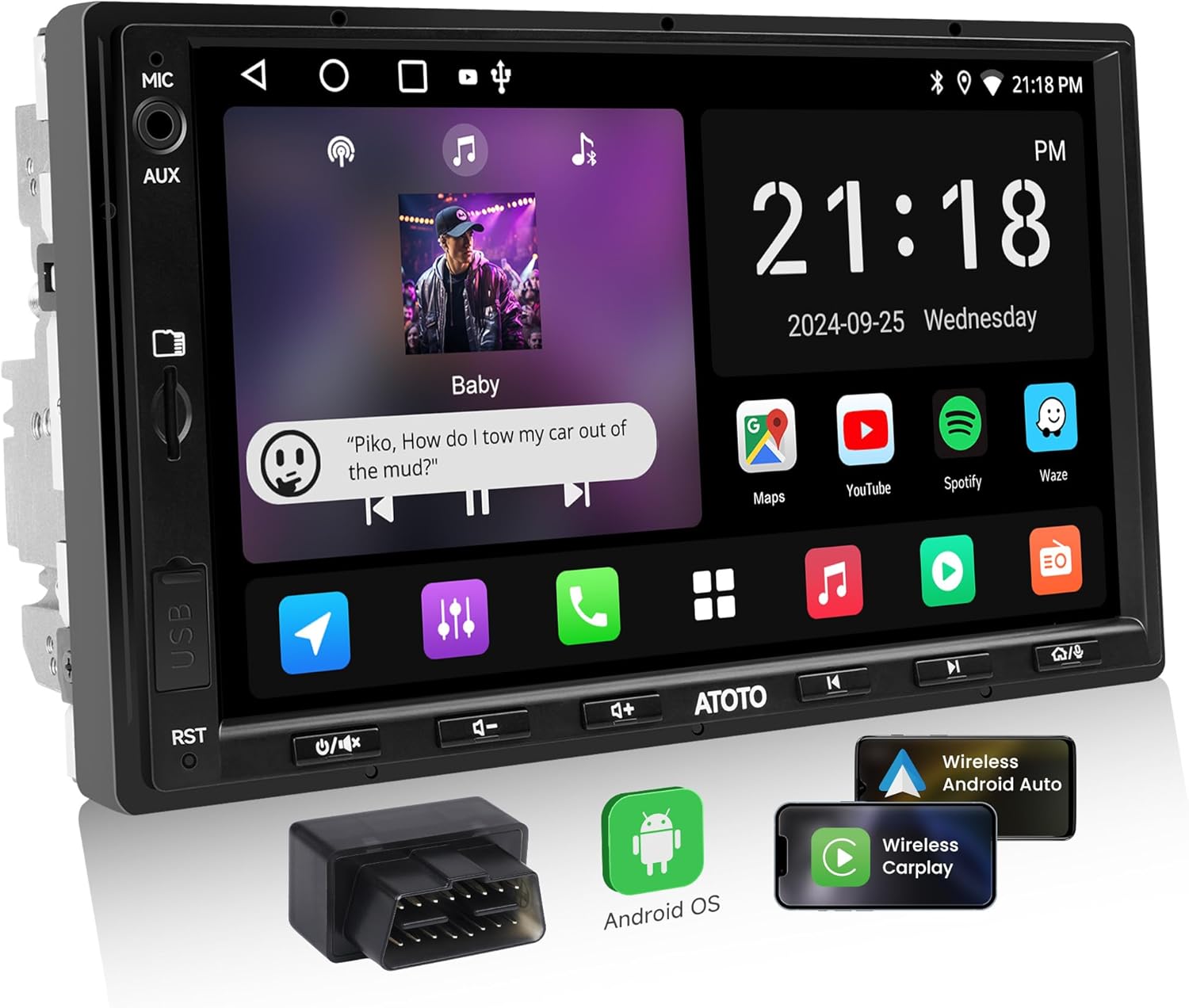 A5L Android Double DIN Car Stereo with OBD2 Scanner, 7 inch 1280 x720 IPS Touchscreen Double DIN Radio, 2G+32G, Wireless Carplay Android Auto, 24-B EQ DSP, GPS Tracker, FM/USB/TF