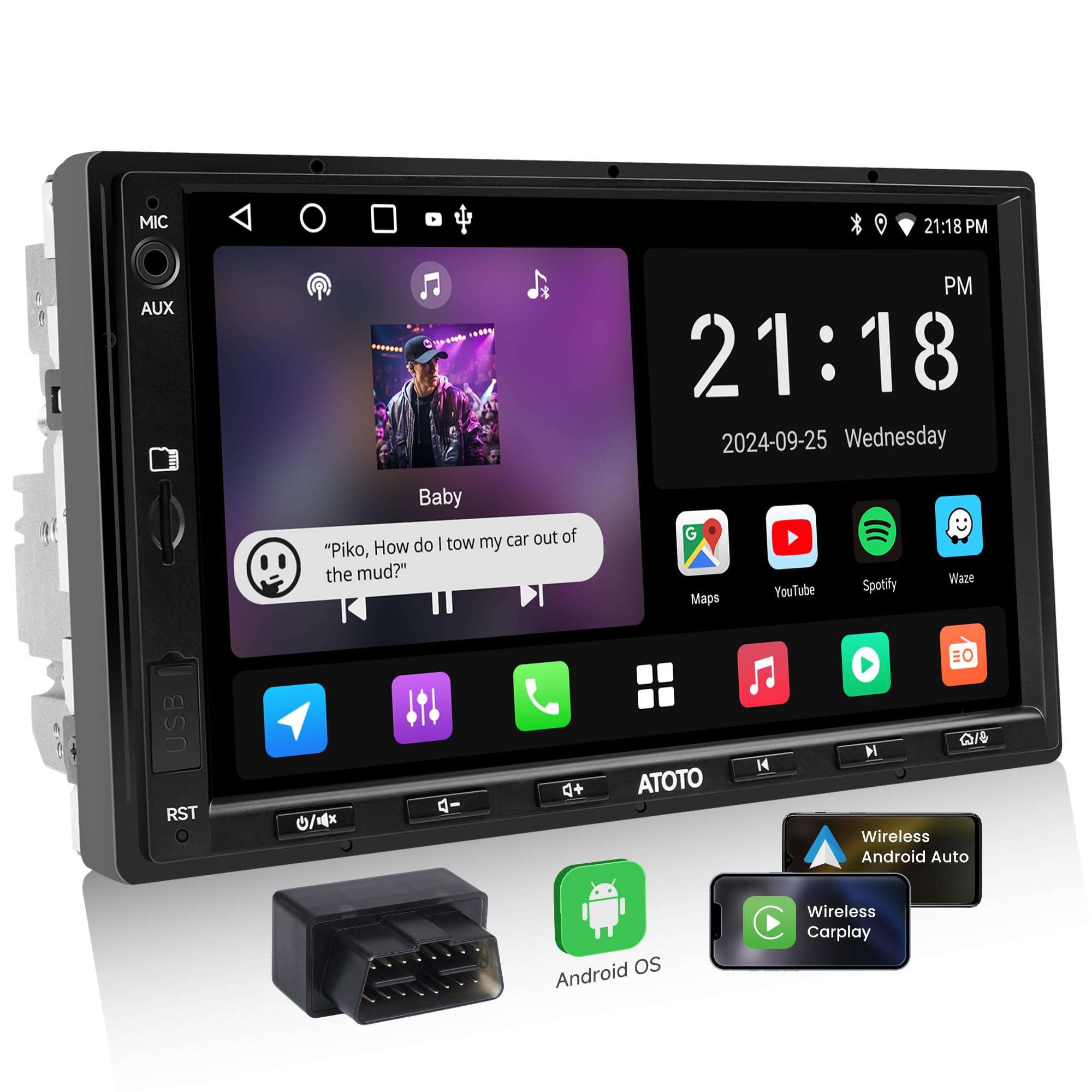 A5L 7'' Autoradio 2 Din Android, CarPlay & Android Auto senza fili, Radio Touchscreen, Tethering de WiFi/BT/USB, 24-B EQ DSP, Scanner OBD2, Tracciamento GPS, Uscita HDMI, 2+32G, FM/RDS