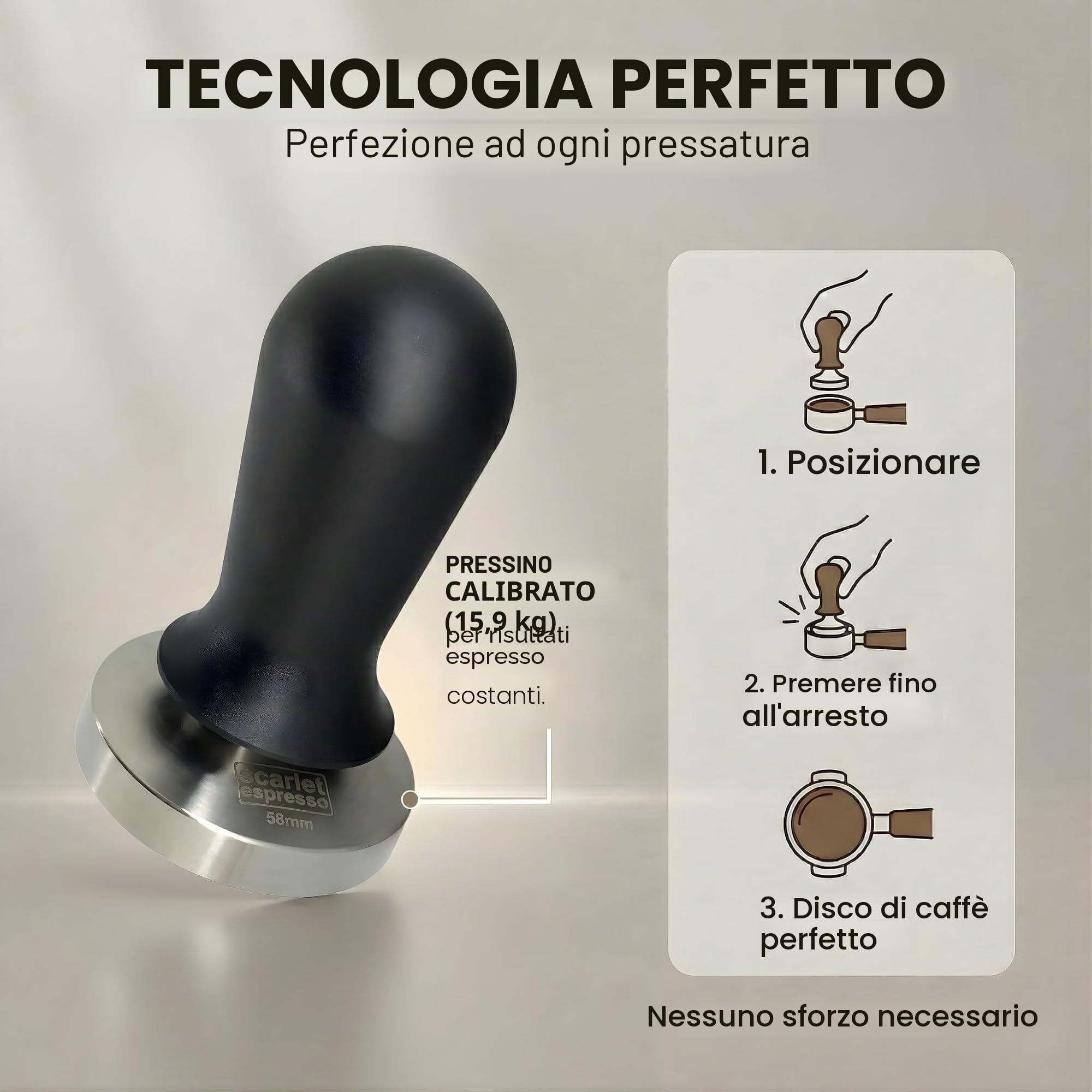 Scarlet Espresso - Pressino per caffè "Perfetto", calibrato a pressione di 16 kg, base in acciaio inox e manico in alluminio, pressa per caffè per estrazione uniforme, 57 mm