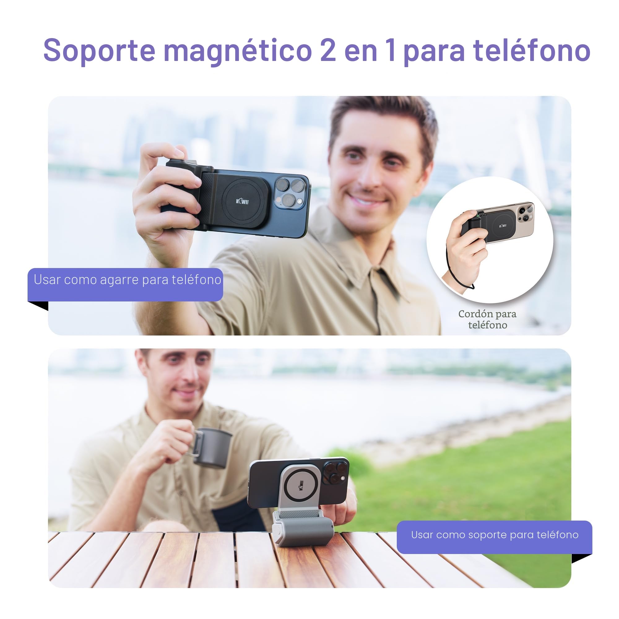 KIWIFOTOS Smartphone Handle Grip, Empuñadura Magnética para Smartphone, con Mando a Distancia Inalámbrico Bluetooth Desmontable y Rosca de 1/4", para iPhone y Android (Gris)