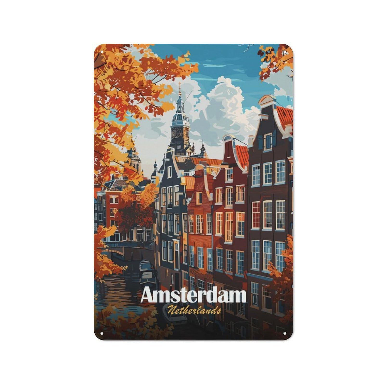Junmoney Style-20 Amsterdam Netherlands Autumn Cityscape Illustration Printed Metal Sign 30X20cm For Café Or Home Bar, For Kitchen And Home Bar Decor, For Cafés, Pubs And Restaurants