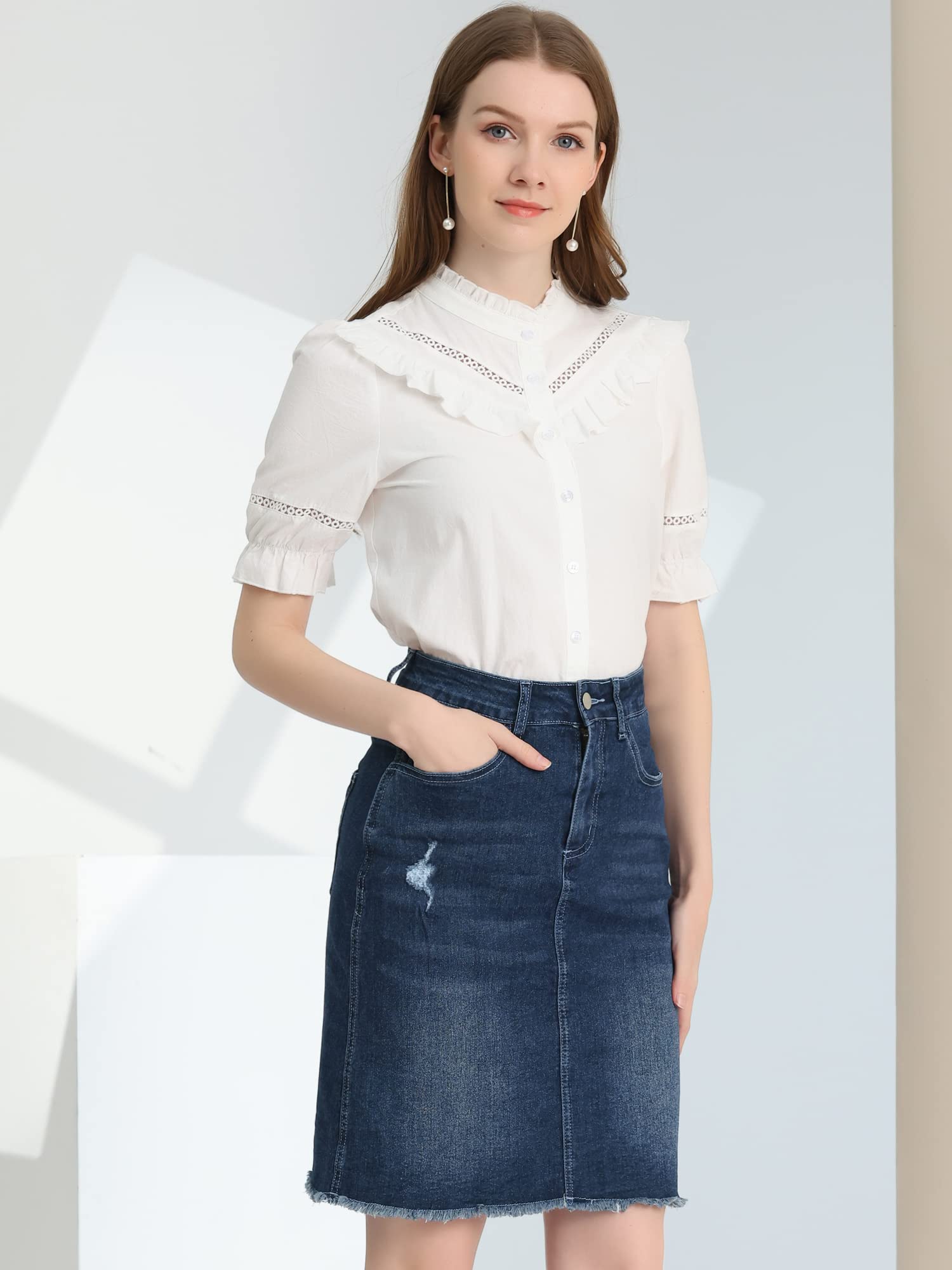 Allegra K Donna Gonna Basic Denim Jeans Lavati Vita Alta Strappati Strappi